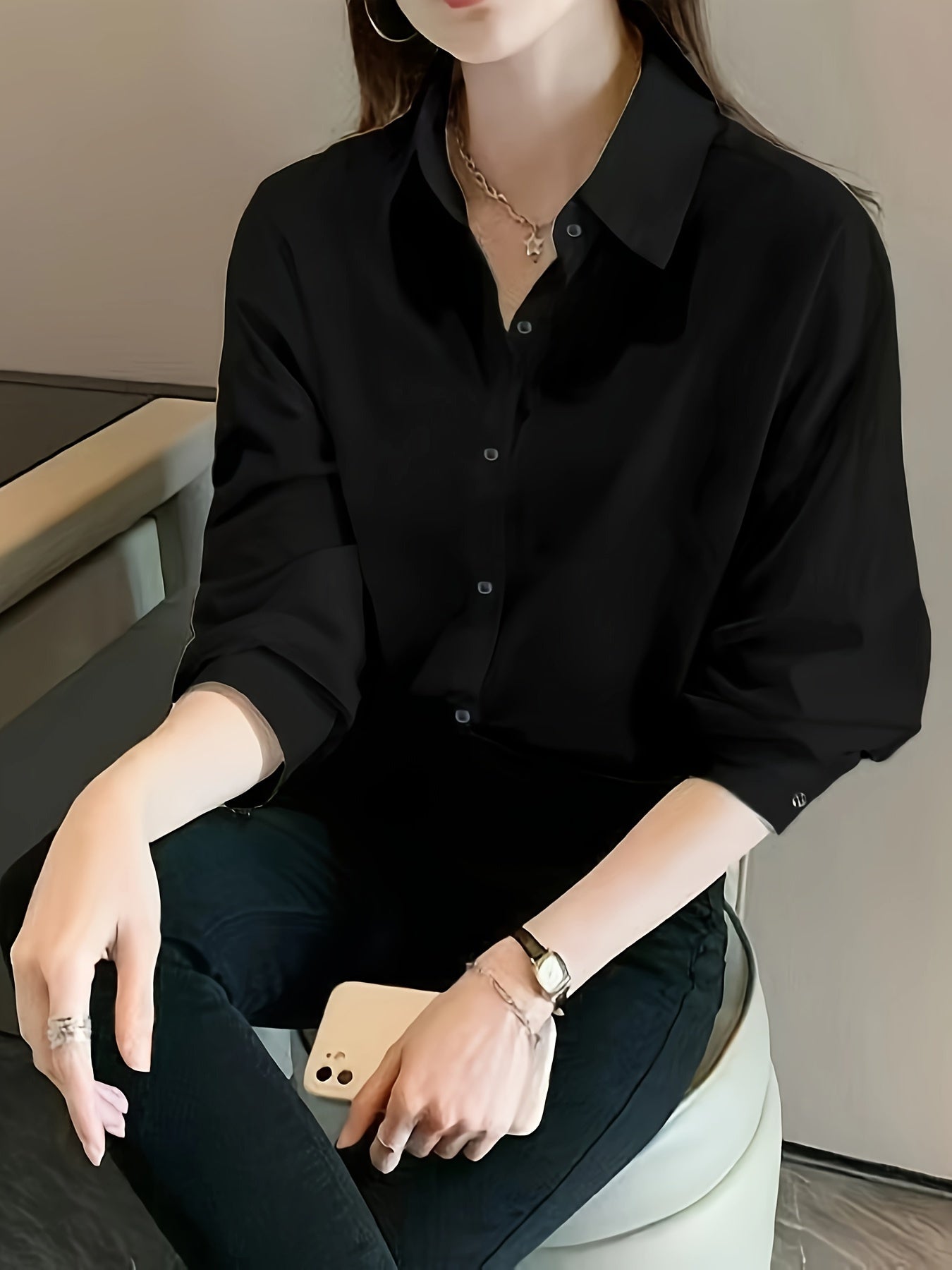 Women's Black Long Sleeve Shirt with Lapel Collar and Belly Support Casual Top