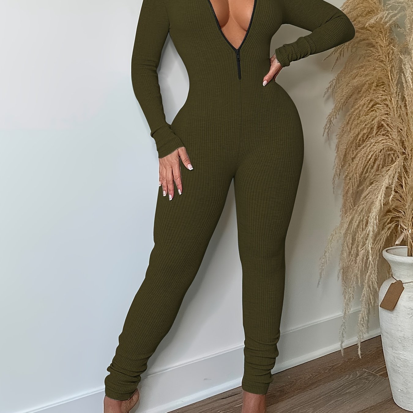 Plus Size Women's Ribbed Zipper Jumpsuit Casual Long Sleeve Bodycon Clothing