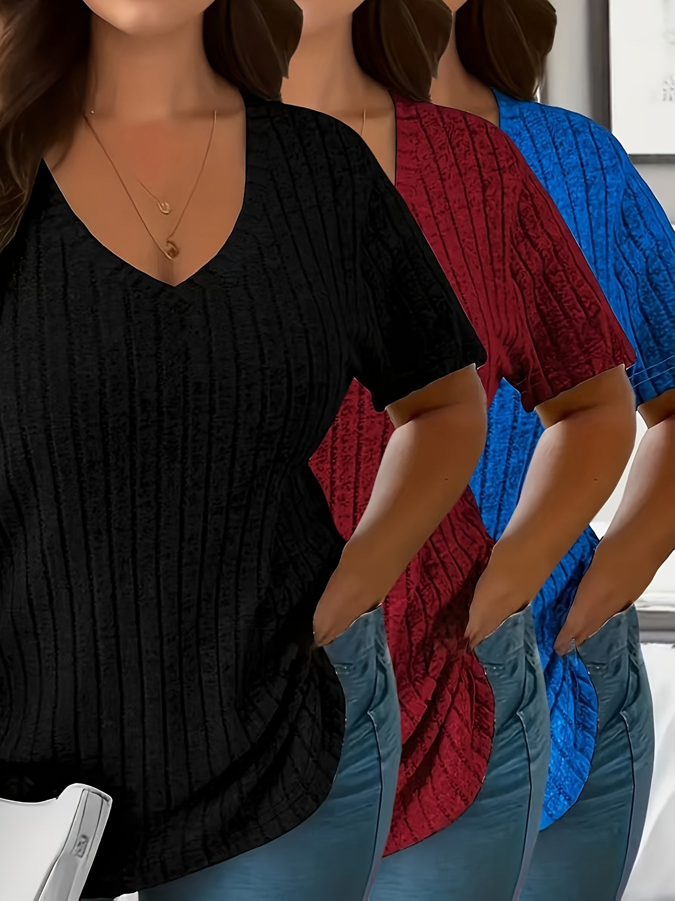 Plus Size Solid Color Ribbed T-Shirts for Women Pack of 3 Short Sleeve V-Neck Tops