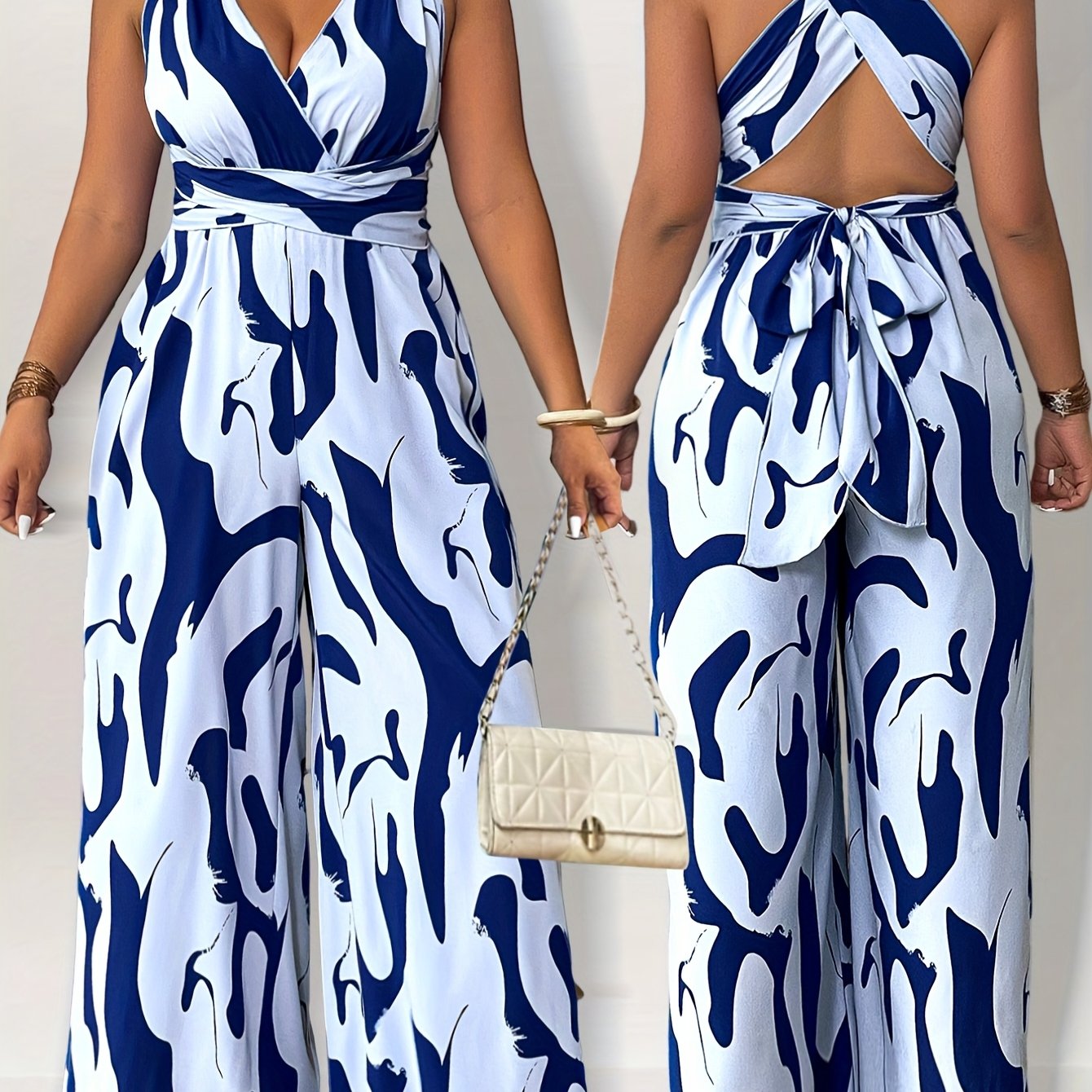 Plus Size Women's Printed Tie-Waist Backless Jumpsuit