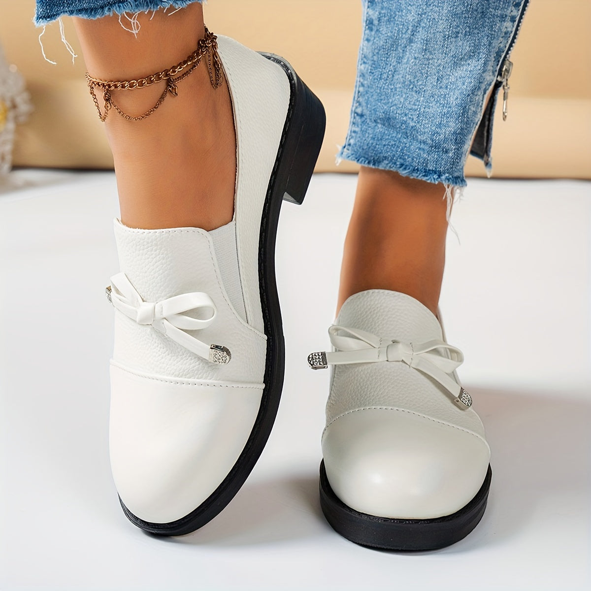 Women's Casual Leather Ballet Flats with Bow and Heel