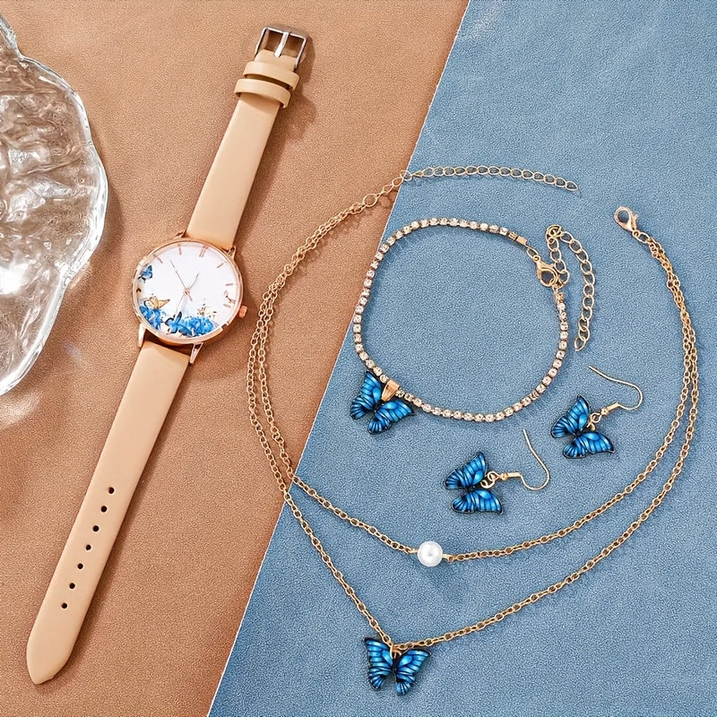 Set of 5 Blue Quartz Watches with Leather Strap Zinc Alloy Dial and Butterfly Jewelry