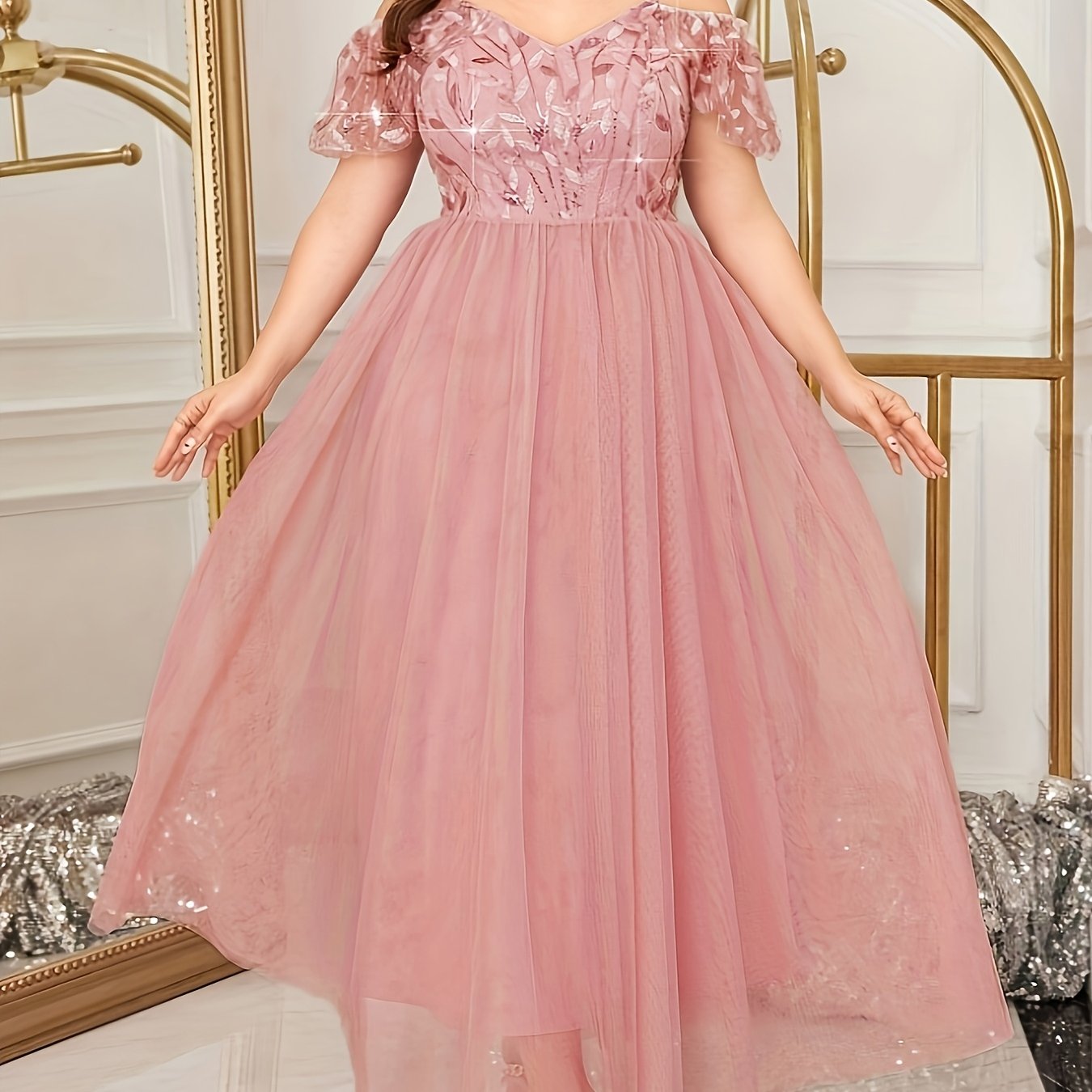 Plus Size Off-Shoulder Lace Dress for Women Light Pink Flowy A-Line