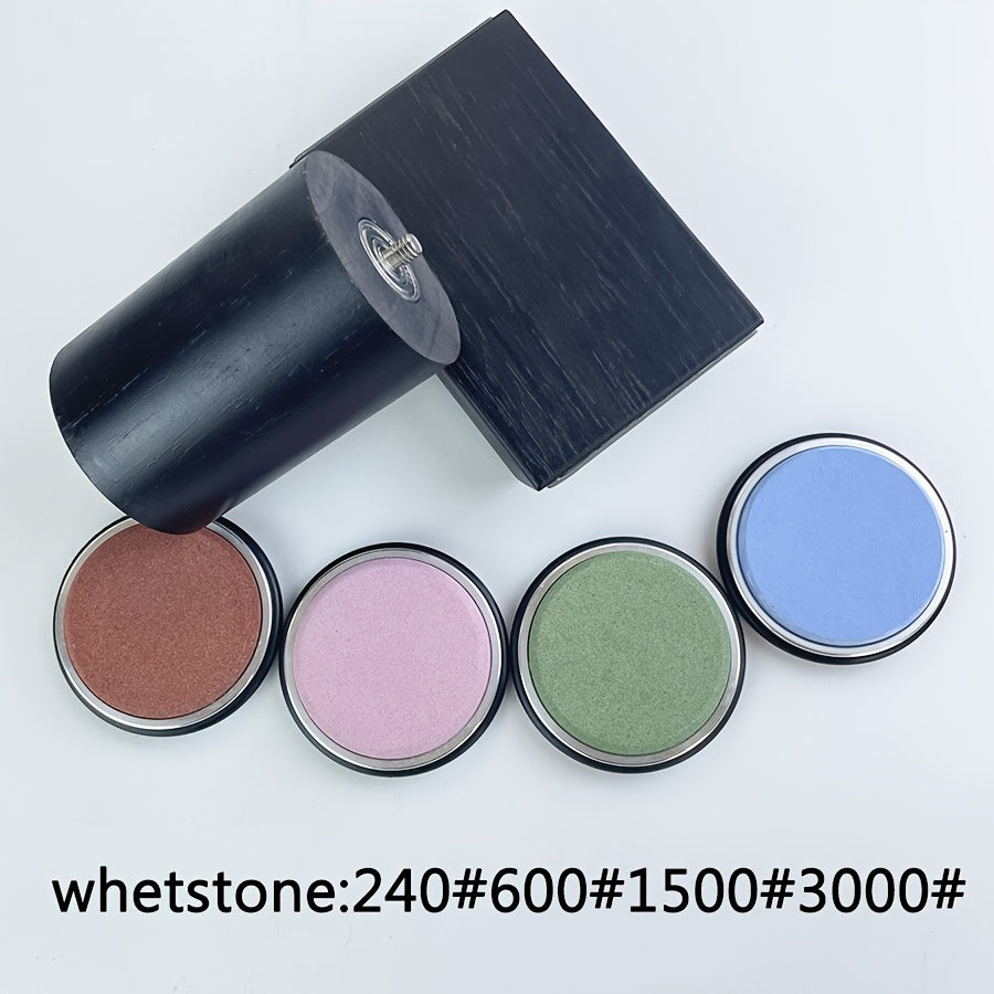 Wooden knife sharpener with diamond sharpening stone, uncharged magnetic rolling system, adjustable angle with rollers, kitchen grinding tool accessory.