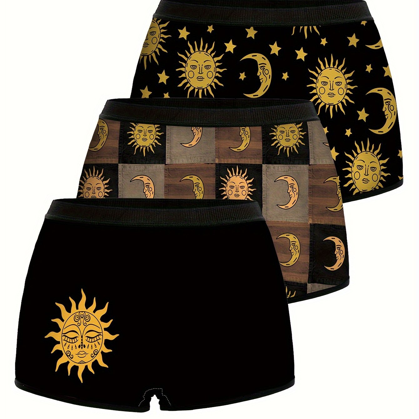 Girls Boyshort Panties 3 Pack Sun Moon Stars Print Stretchy Polyester