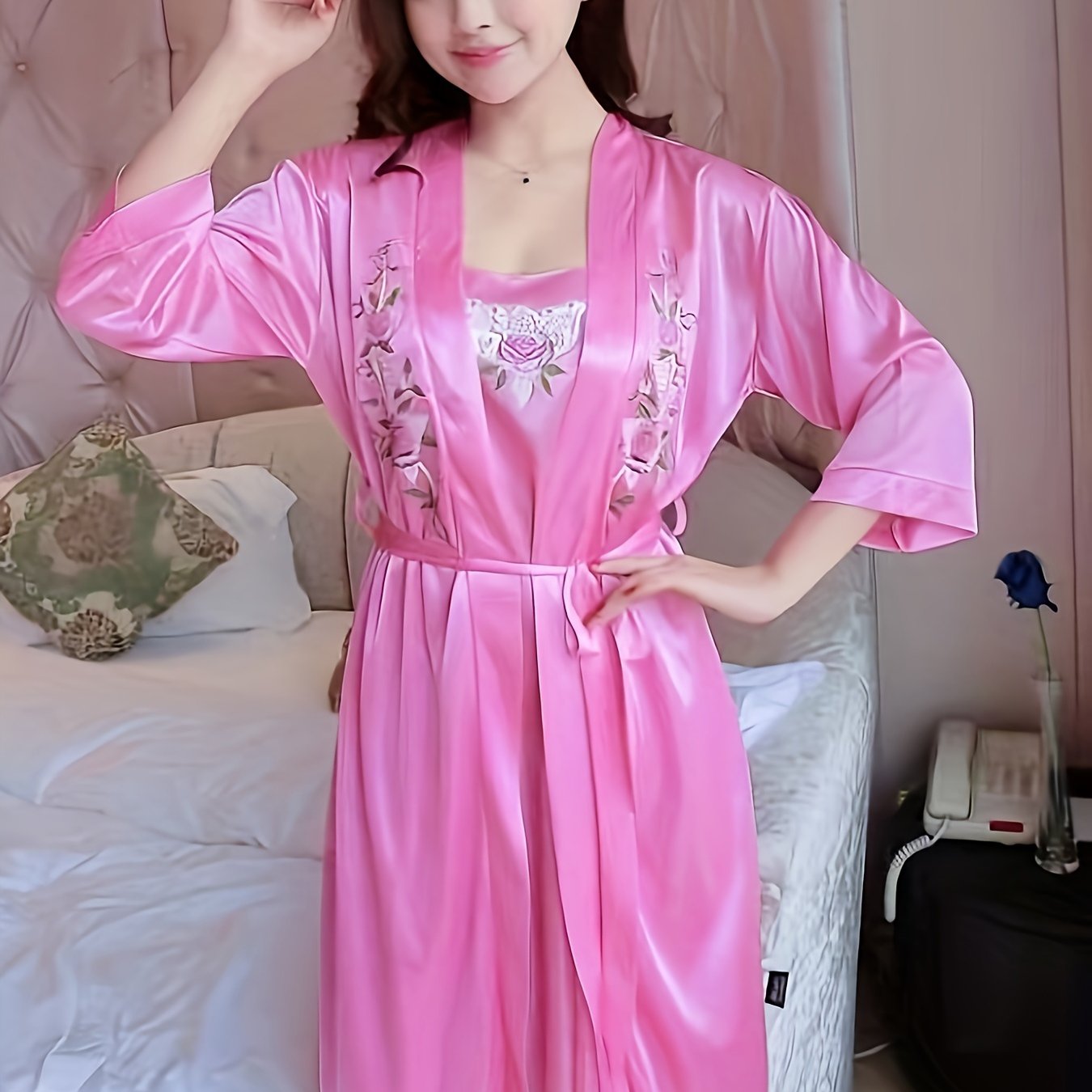 Women's Satin Nightgown Set with Suspenders and Embroidered Solid Color Pajama Sleepwear