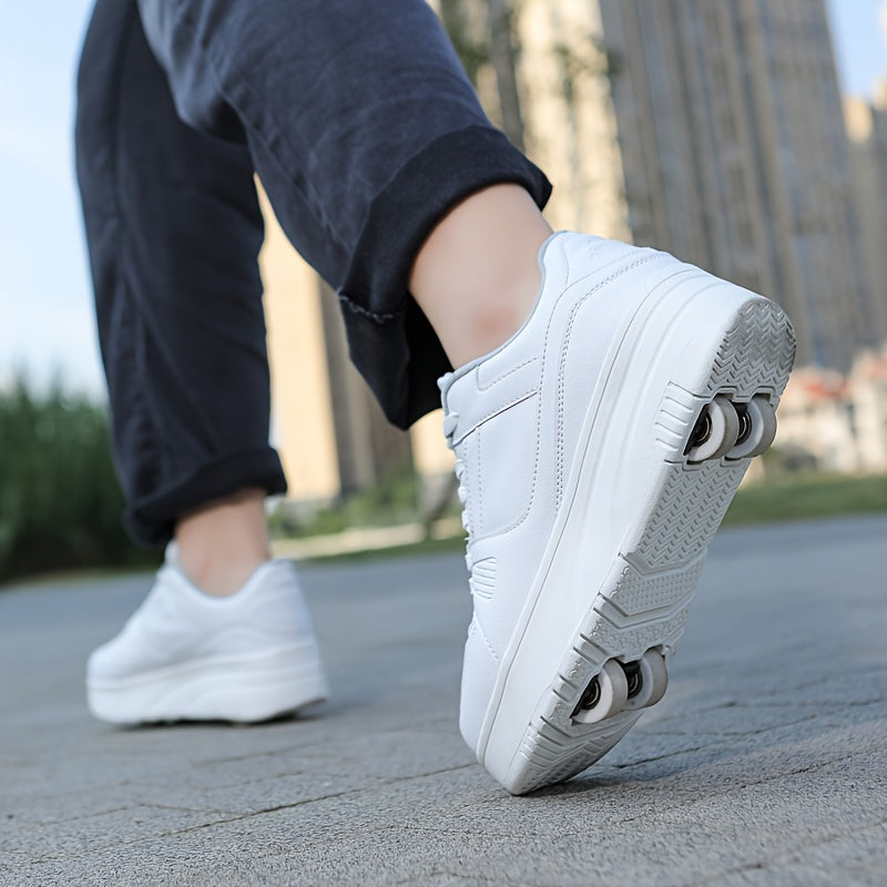 Bolalar uchun pushti va oq engil rulonli skeytlar, olib tashlanadigan g'ildiraklar va lentalar bilan dizayni