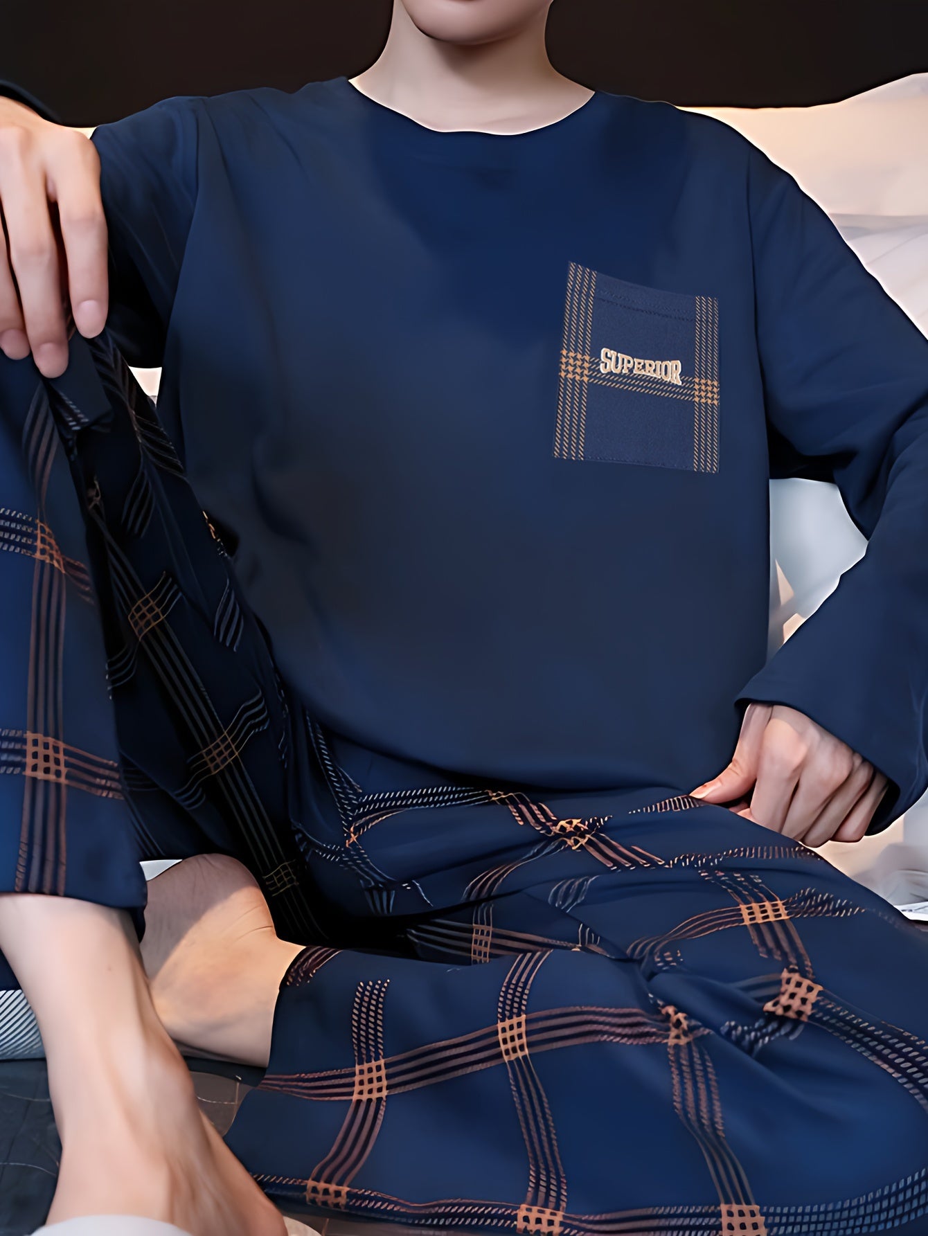 Men's Spring and Autumn Pajama Set Long Sleeve Casual Large Size Polyester Knit