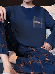 Men's Spring and Autumn Pajama Set Long Sleeve Casual Large Size Polyester Knit