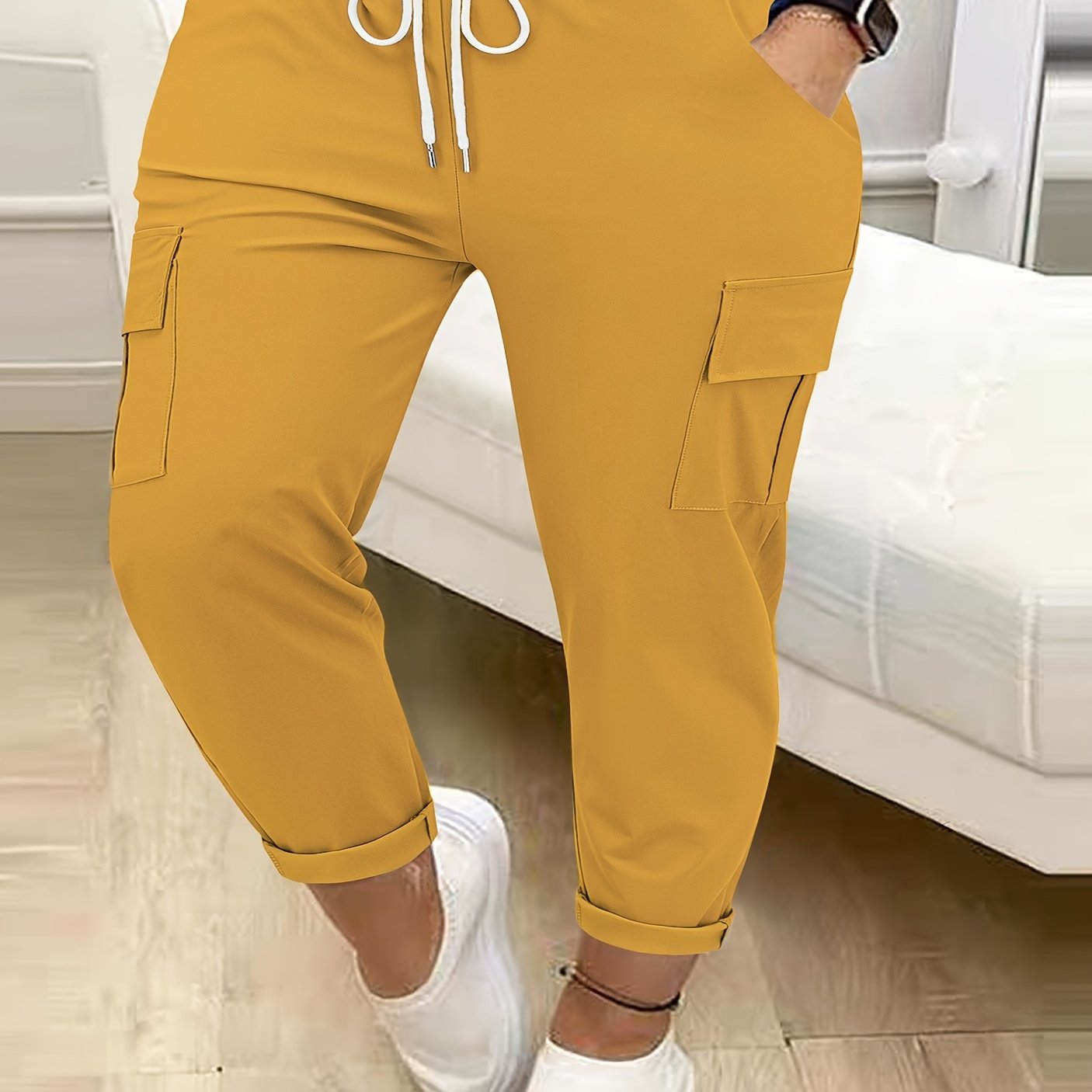 Plus Size Women Cargo Pants Polyester Blend Drawstring Waist All-Season