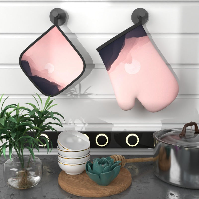 2 ta Pink Hazy Moon pech qo‘lqoplari va qozon tutqichlari to'plami 26.92x17.02 sm Issiqlikka chidamli