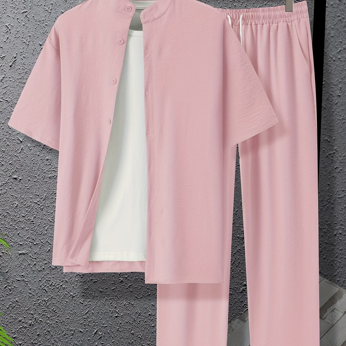 Conjunto de camisa de botones con cuello band y pantalones con cordón de talla grande para hombres, ideal para deportes y ocio