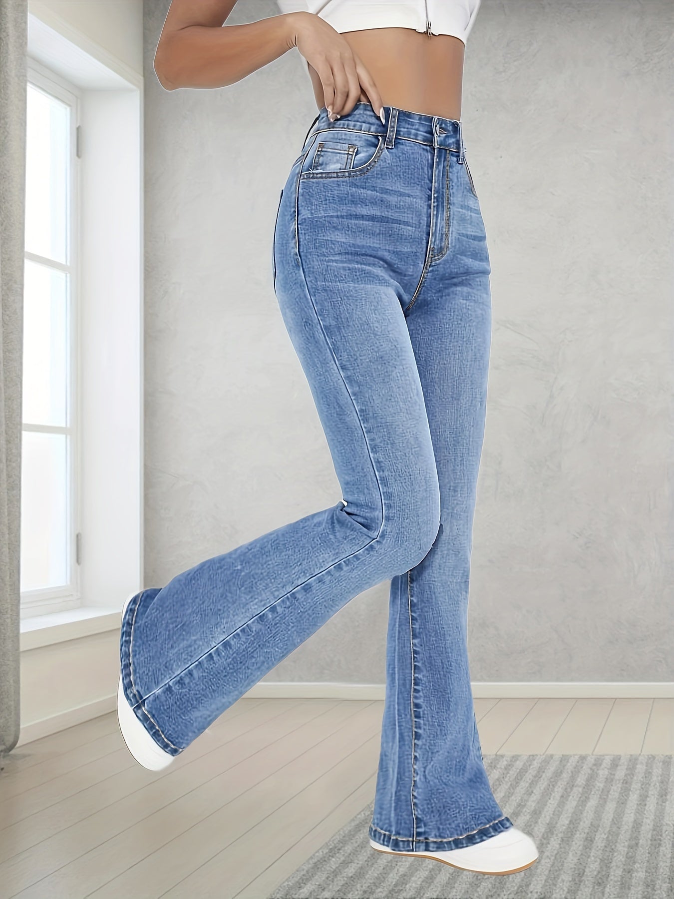 Women's High-Waisted Stretch Flared Jeans Blue Long Length Casual