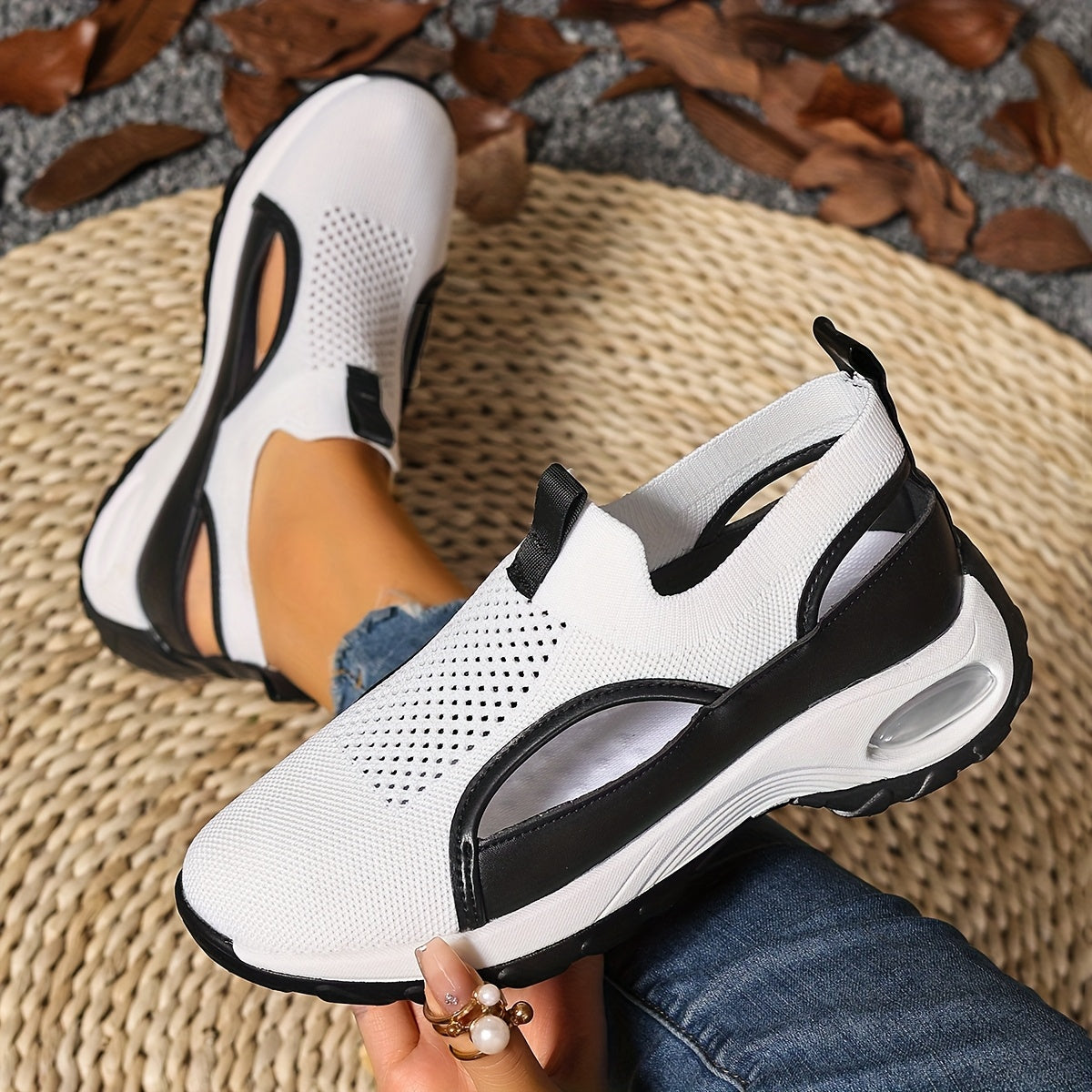 Zapatillas casuales para mujer sin cordones, transpirables, de tela, de caña baja, negro y blanco