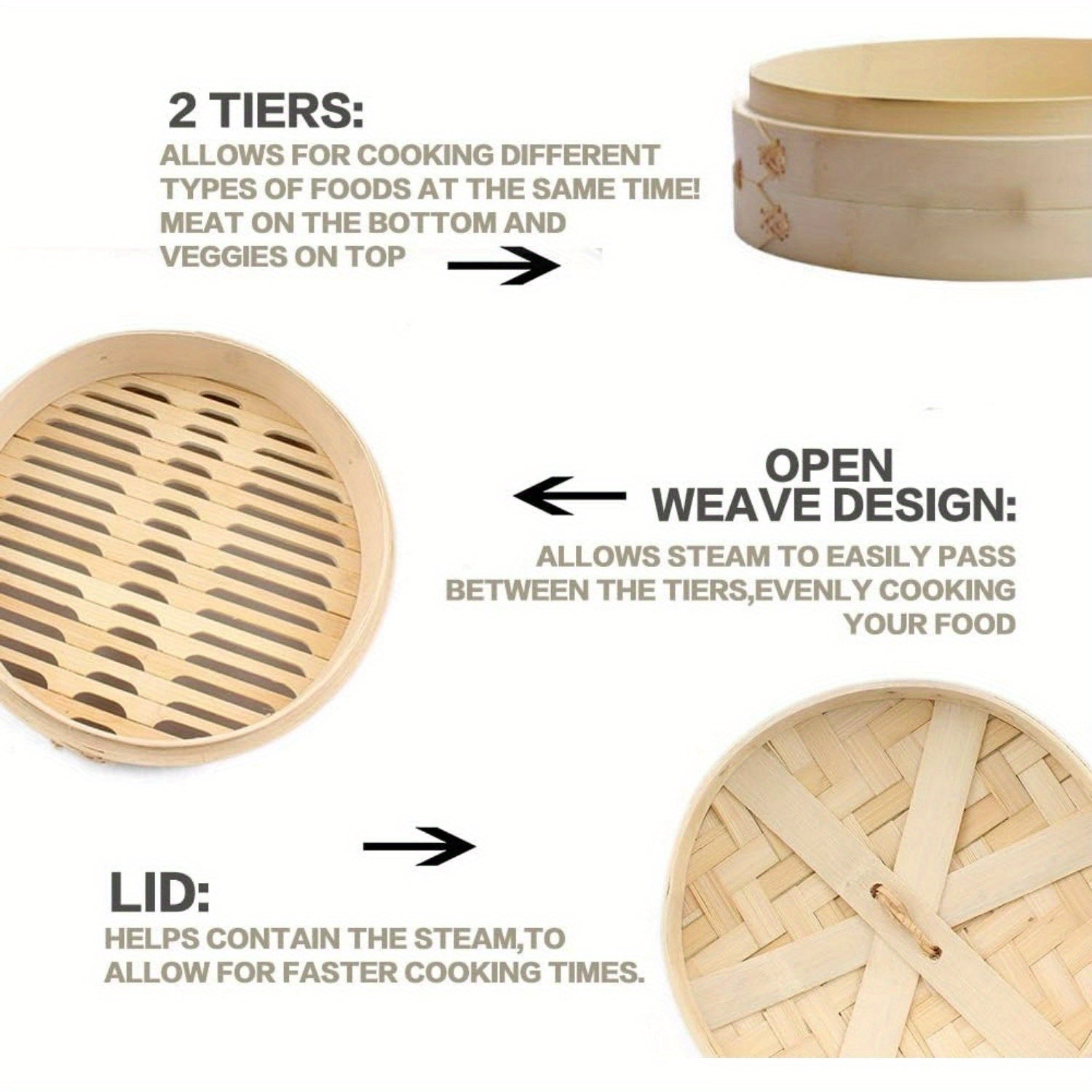 2-Tier Bamboo Steamer Basket 25.4cm Non-Stick Cooking Tool for Dim Sum Vegetables