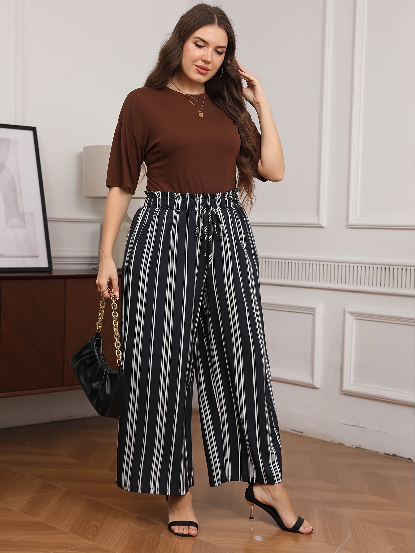 Plus Size Women's Wide Leg Lounge Pants Black White Striped Non-Stretch Adjustable Waist