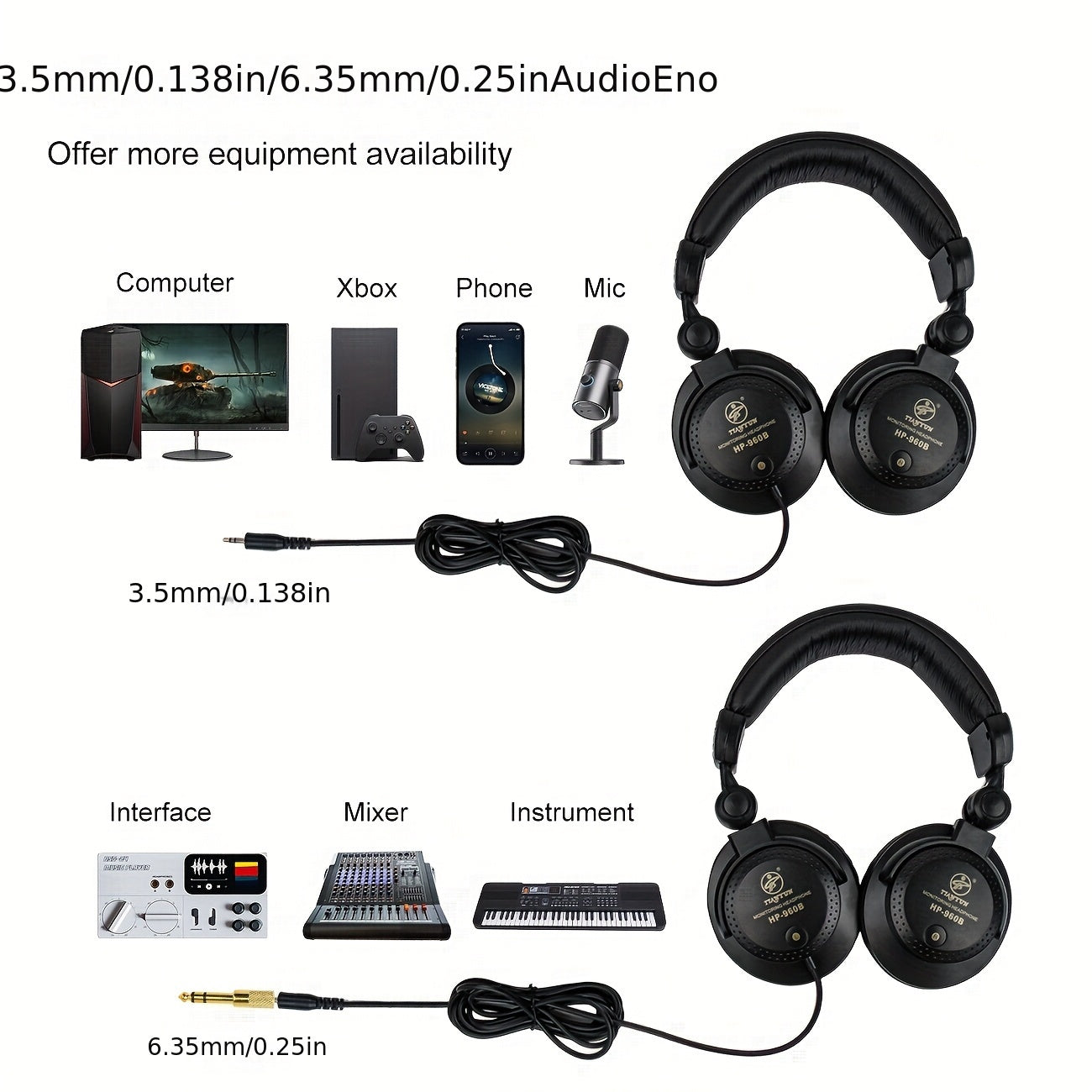 Auriculares de estudio con cable de alta gama para producción musical con adaptador de 3.5 mm a 6.5 mm