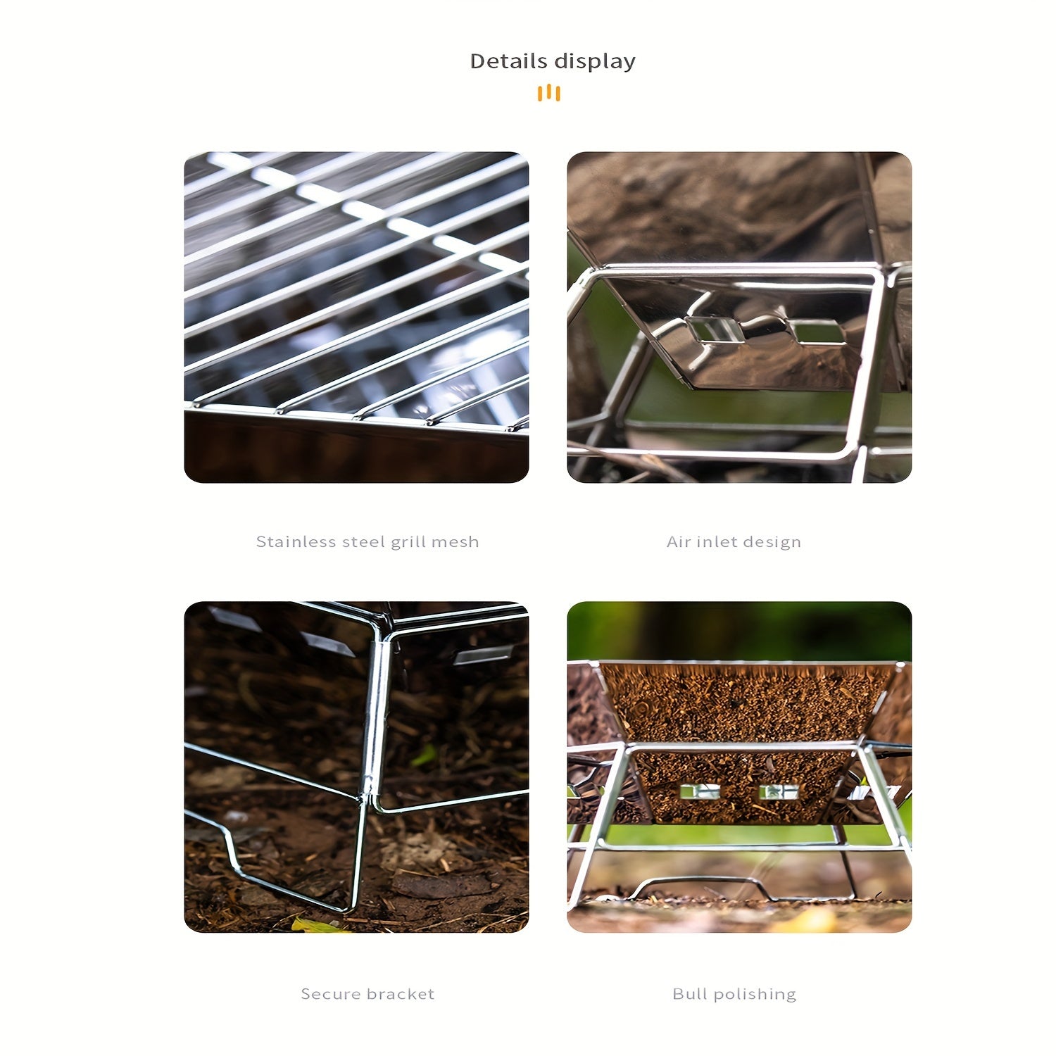 Портативный гриль из нержавеющей стали для барбекю, кемпинга, пикников и приготовления на открытом воздухе. Складной шестиугольный дизайн с регулируемыми ножками и вентиляционными отверстиями.