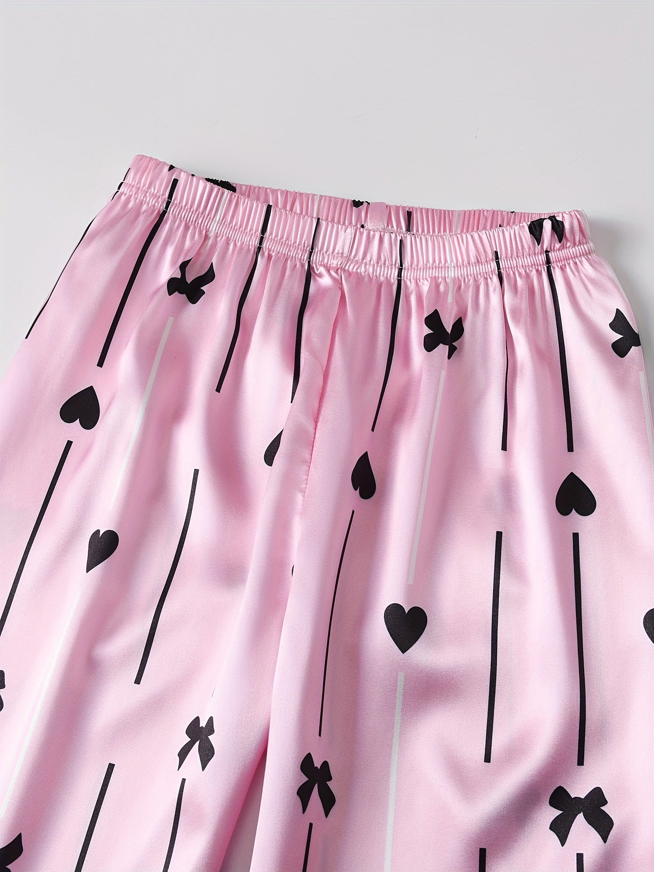 Girls Pajama Set with Heart-Shaped Bow Striped Floral Print Long Sleeve Cotton Casual