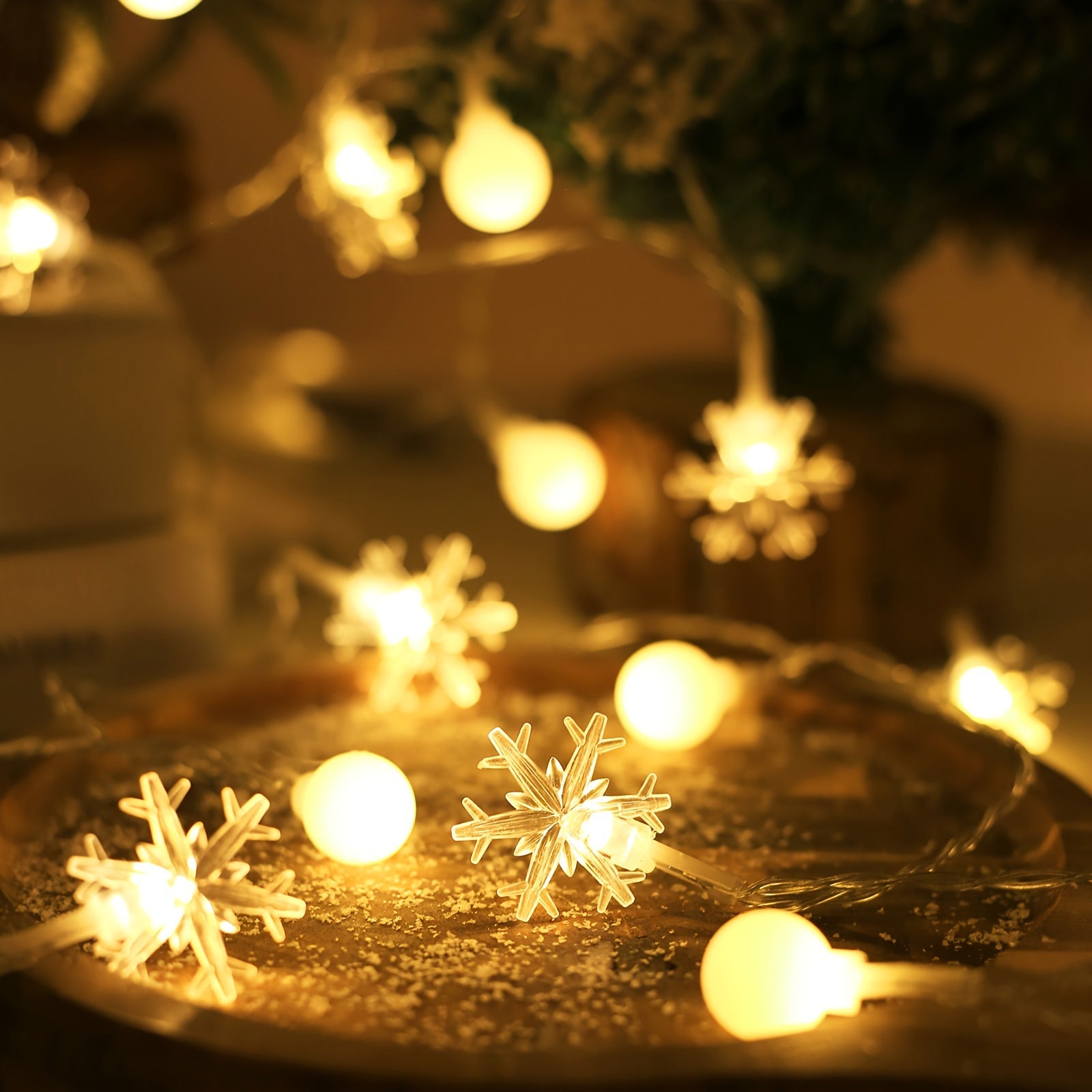 Luces de cadena de bolas blancas de copo de nieve para Navidad, decoración de árbol interior
