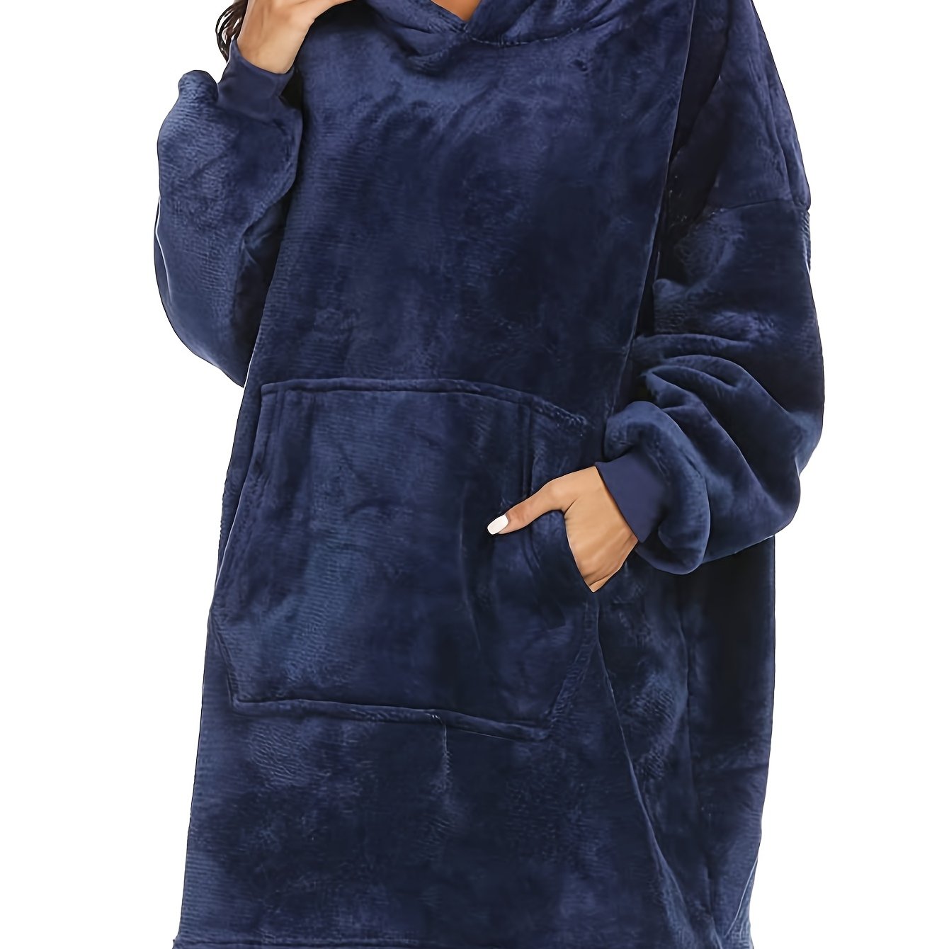 Women's Navy Blue Fleece Hooded Lounge Robe Warm Long Sleepwear