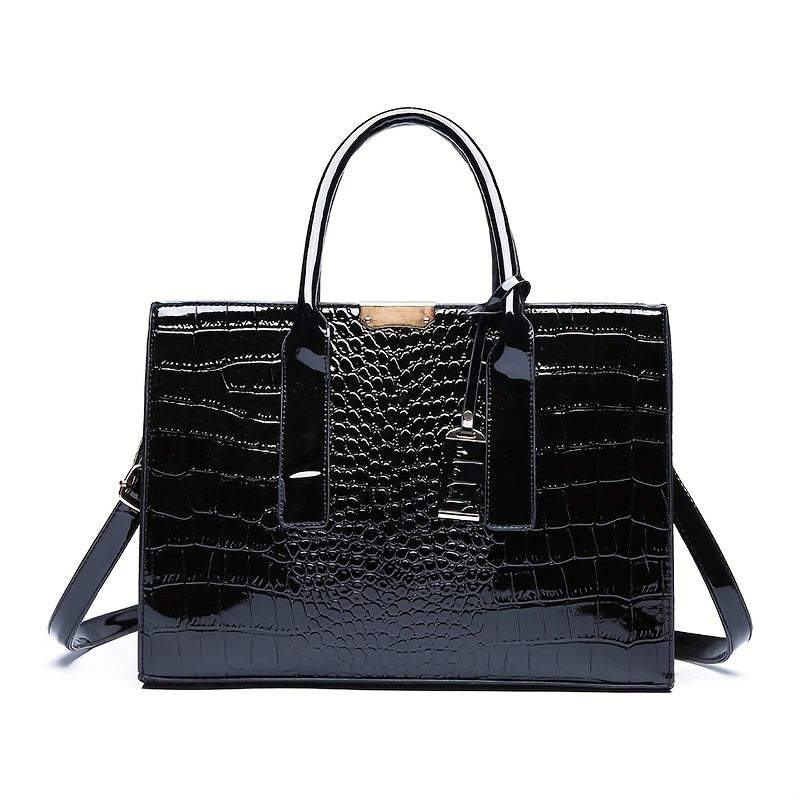 Crocodile Pattern Leather Handbag for Travel and Gifting Black Spacious Interior