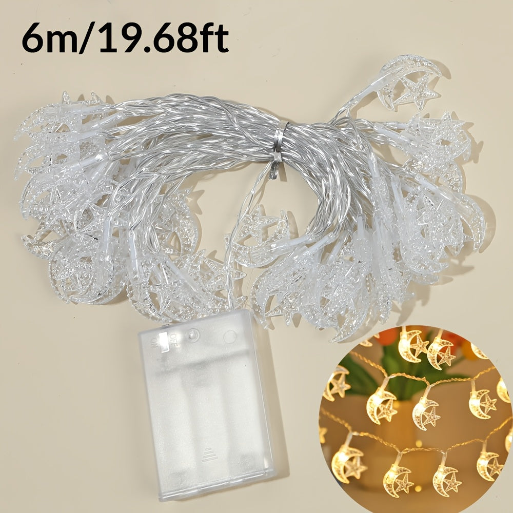 Battery Operated LED String Lights with Star and Moon Design for Indoor Decor Weddings Parties Ramadan Eid
