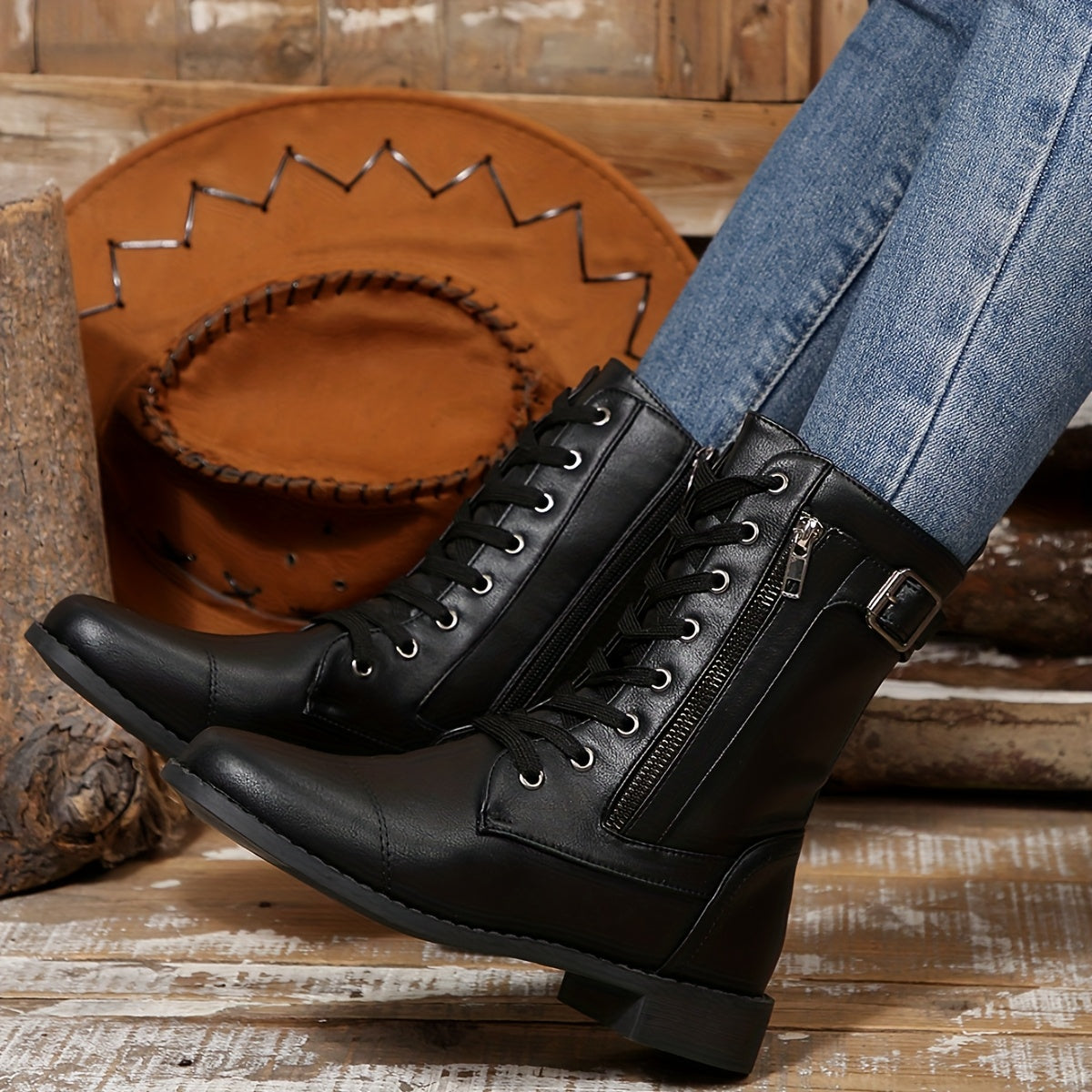 Women's Retro British Style Mid-Calf Boots Black Lace-Up Chunky Heel Winter Casual