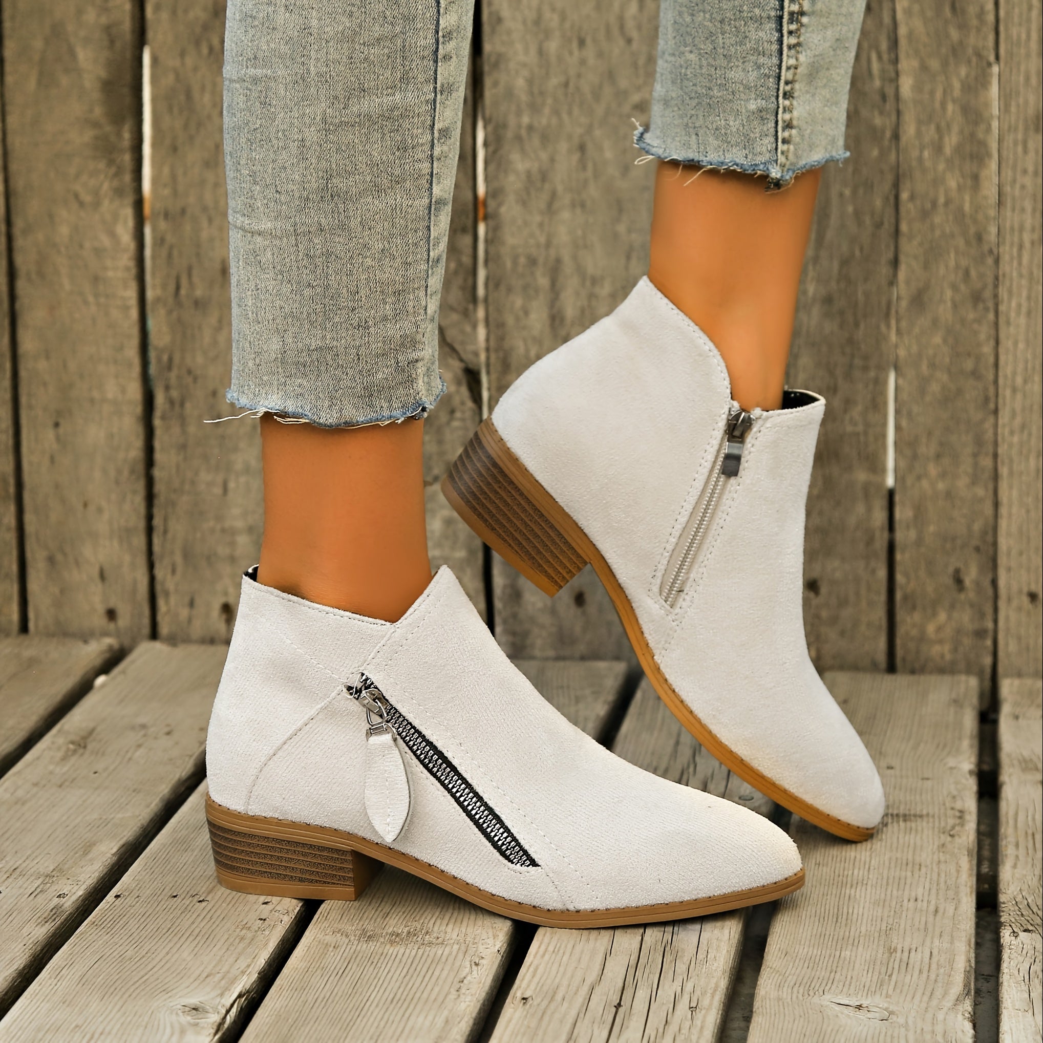 Women's Ankle Boots Retro Solid Color Casual Leather Footwear with Chunky Heel