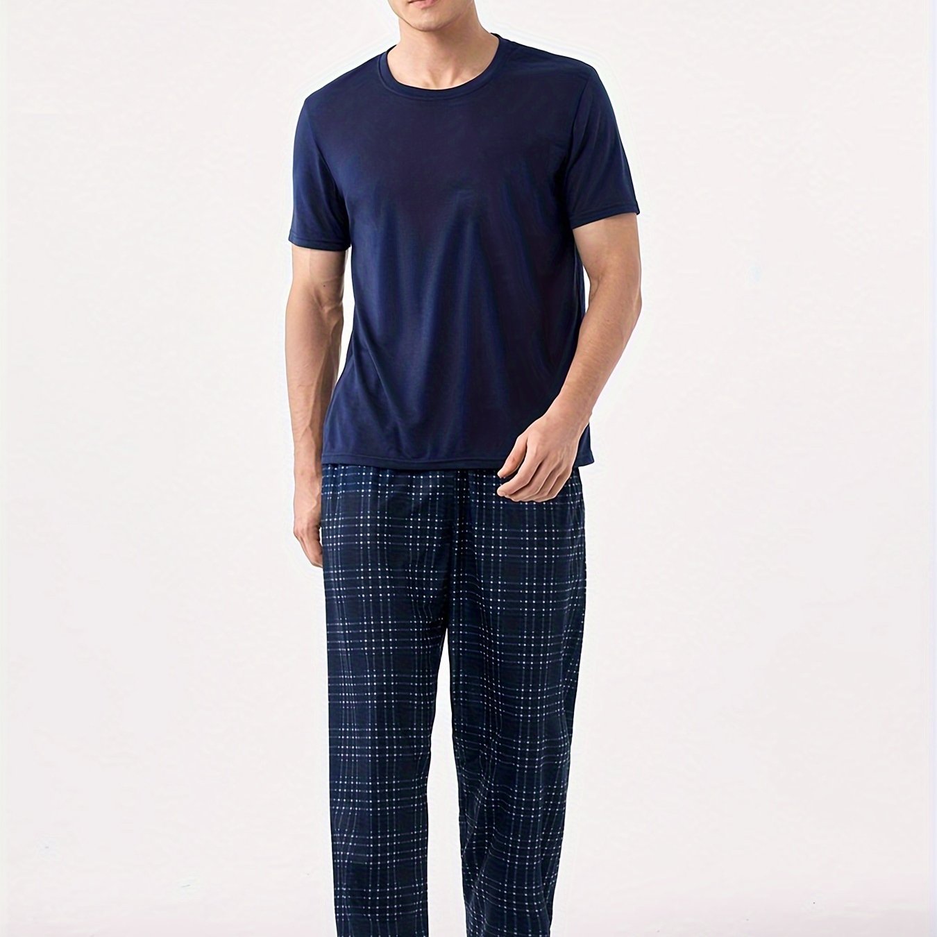 Men's Blue Pajama Set with Short Sleeve Crew Neck Top and Plaid Trousers