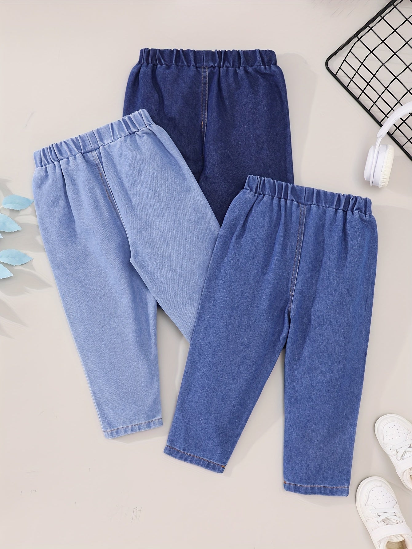 3pcs Boys Denim Pants Kids Casual Vintage Long Length Solid Color Stretch Cotton Polyester Viscose