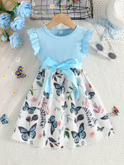 Girls Light Blue Ribbed Cotton Dress with Butterfly Floral Print Flutter Sleeves Belt Summer Casual