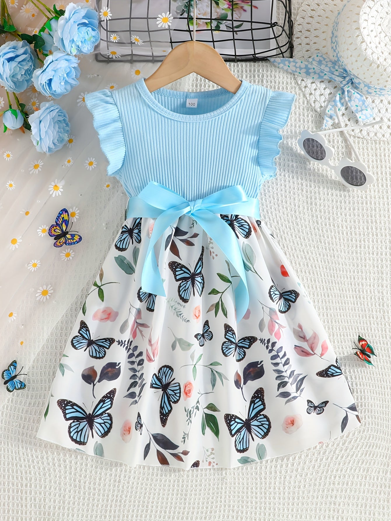Girls Light Blue Ribbed Cotton Dress with Butterfly Floral Print Flutter Sleeves Belt Summer Casual