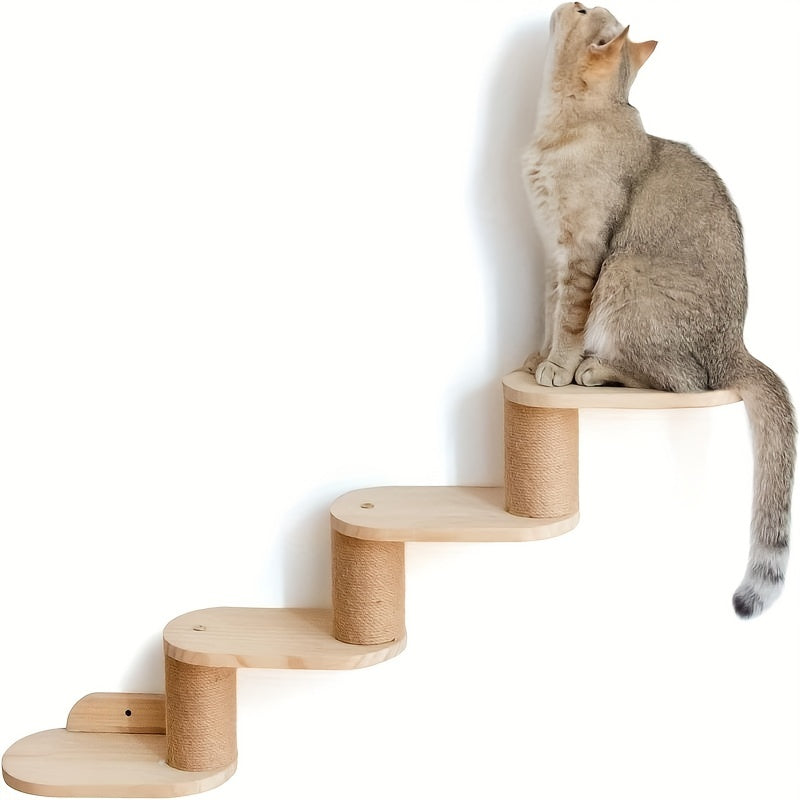 Rustic Solid Wood Cat Climbing Shelves with Sisal Posts for Indoor Cats