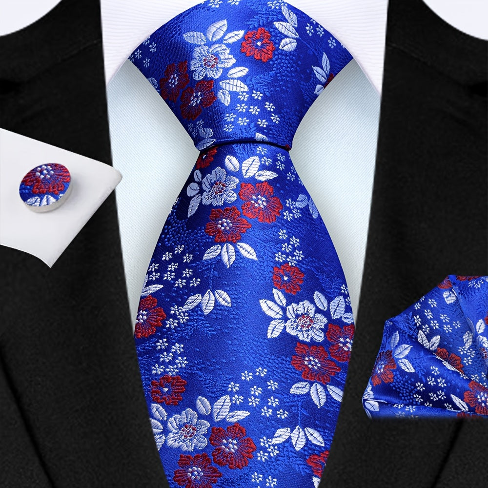 Men's 3-Piece Tie Set Floral Design Polyester Necktie Pocket Square Cufflinks for Weddings Business