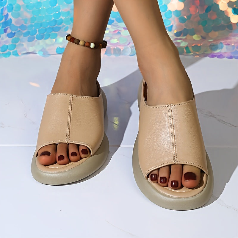 Women's Retro Faux Leather Platform Sandals Open Toe Slip-On Beach Shoes