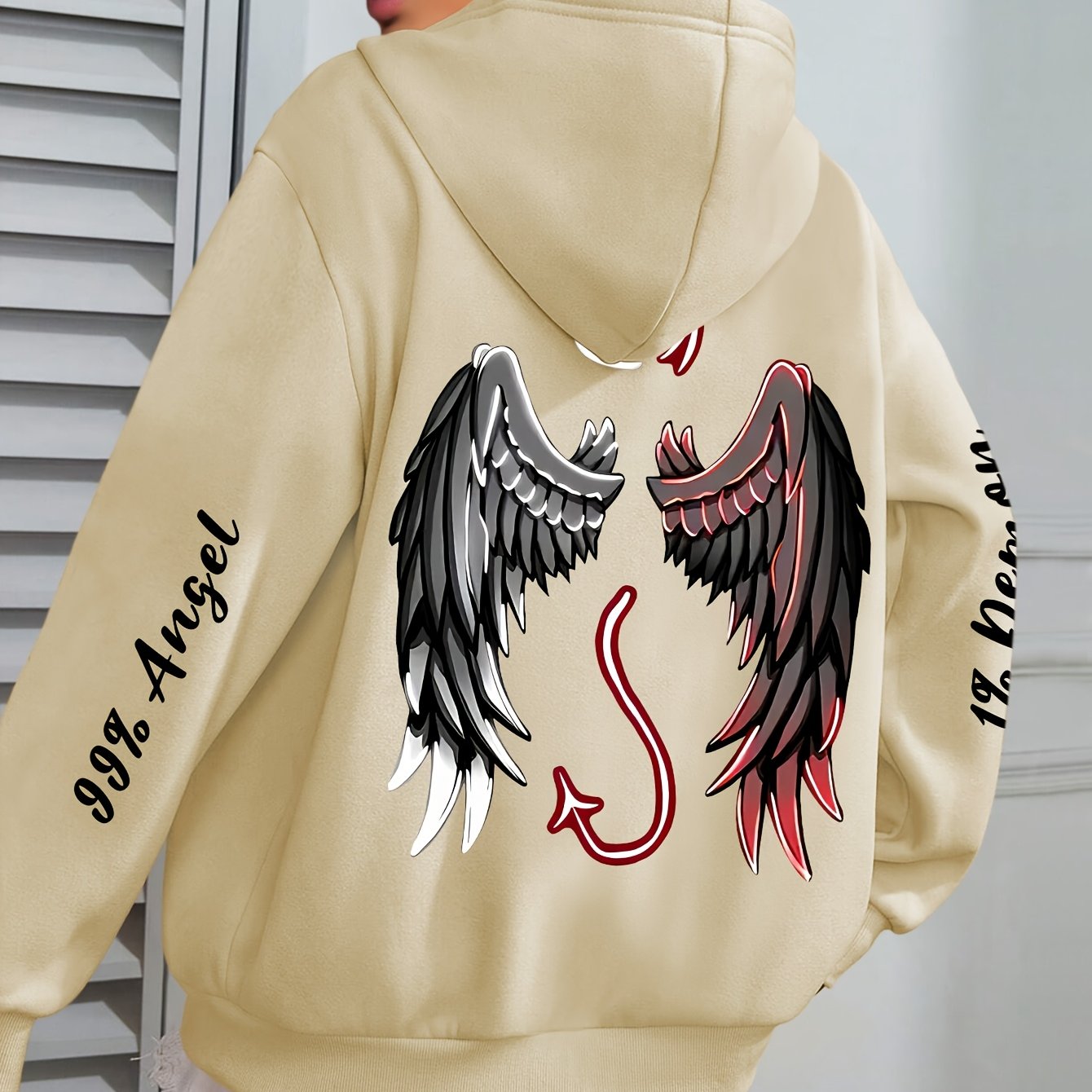 Plus Size Women's Angels & Demons Print Hoodie Long Sleeve Sweatshirt