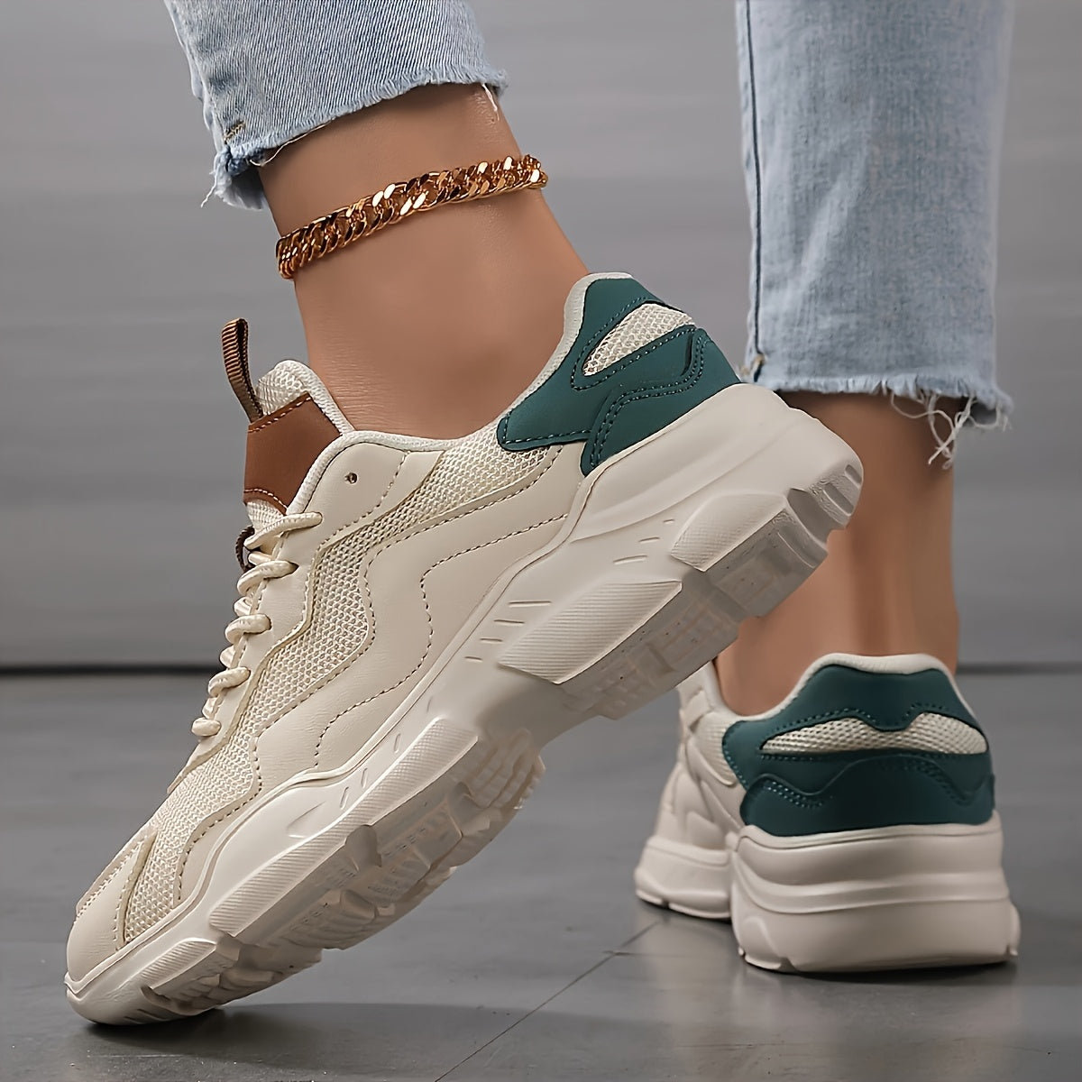 Women's Breathable Mesh Running Sneakers, Khaki Casual Lace-Up Shoes