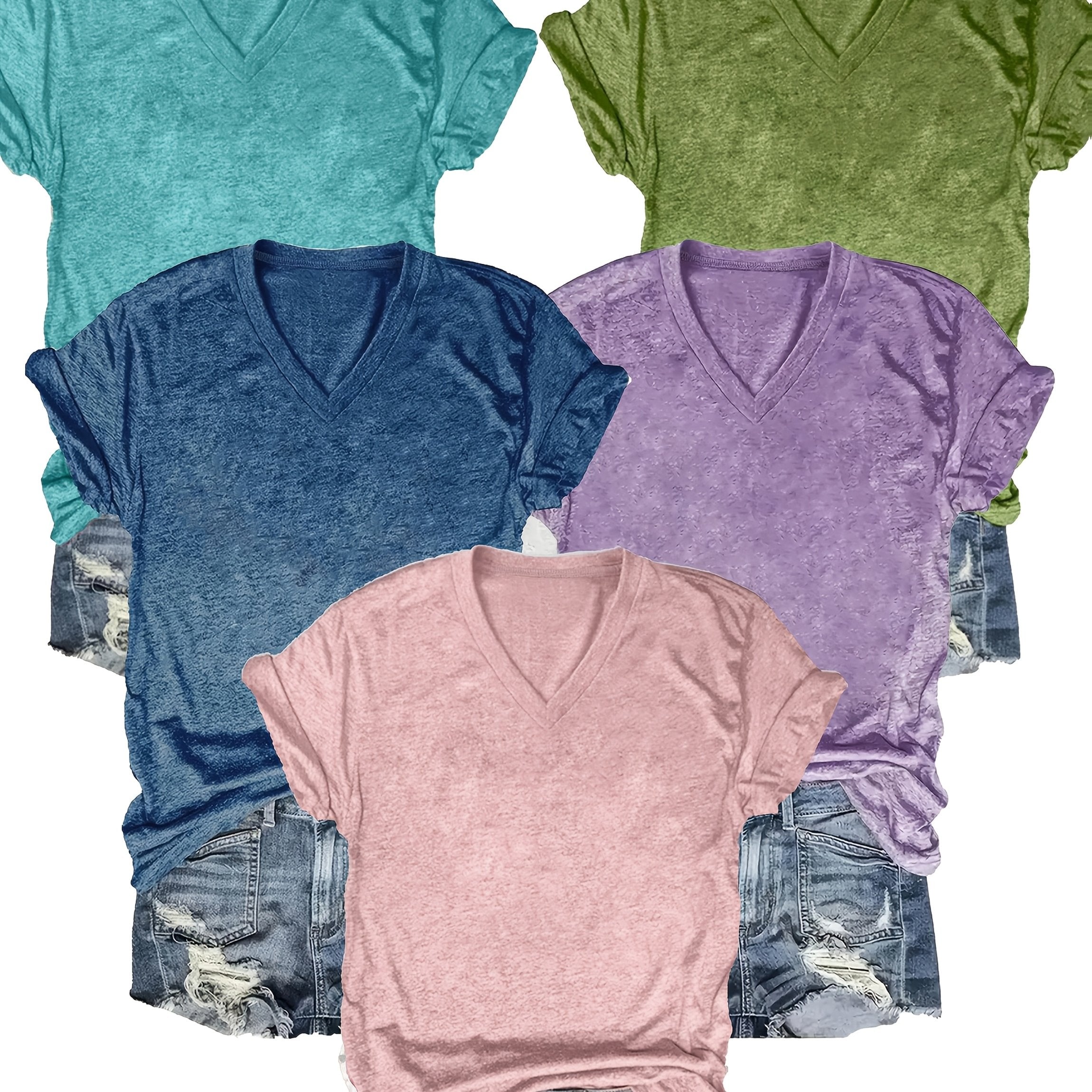 Women’s Solid Color V-Neck T-Shirts Short Sleeve Casual Summer