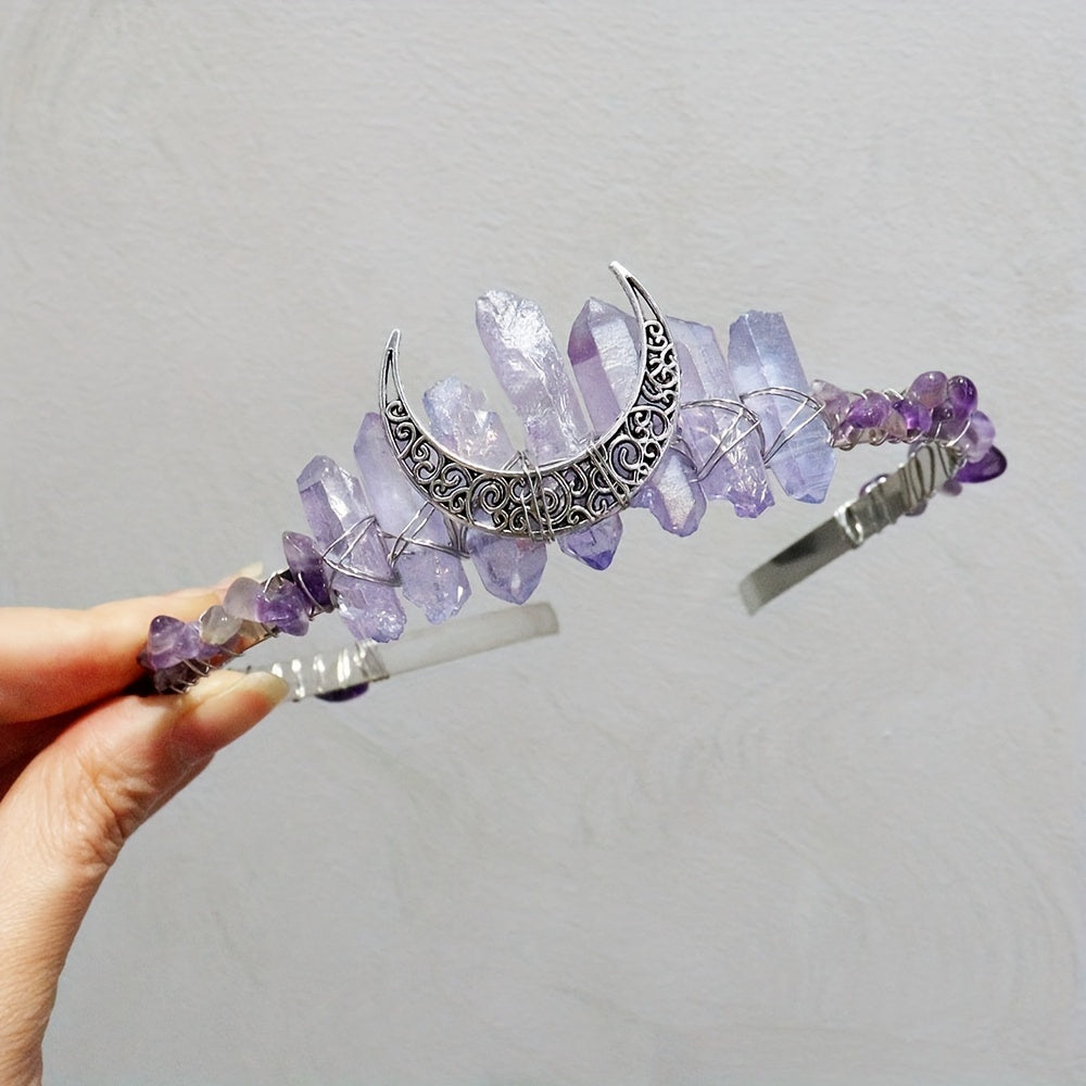 Women's Hair Accessory Headband with Natural Crystal and Moon Tiara Design
