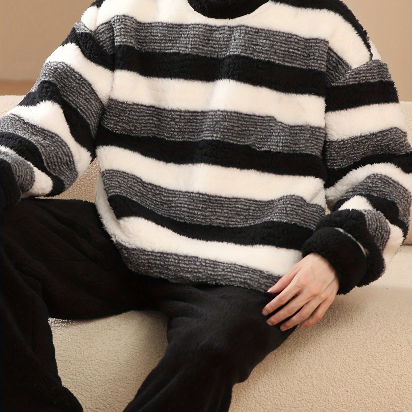 Men's Flannel Pajama Set with Striped Top and Loose Pants for Winter Lounge