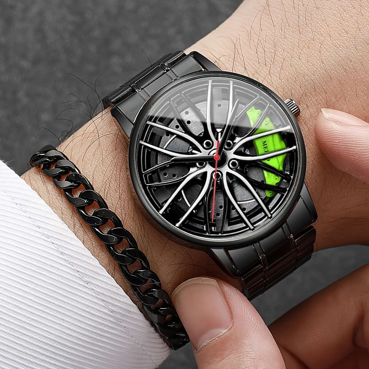 Conjunto de reloj de cuarzo para hombre con esfera grande, pulsera de cadena de aleación de zinc y batería no recargable