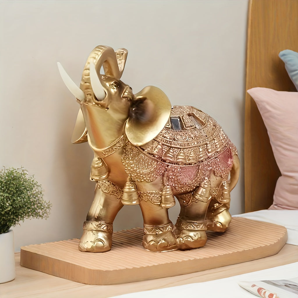 Golden Elephant Statue Resin Decor for Wealth Prosperity Indoor Outdoor