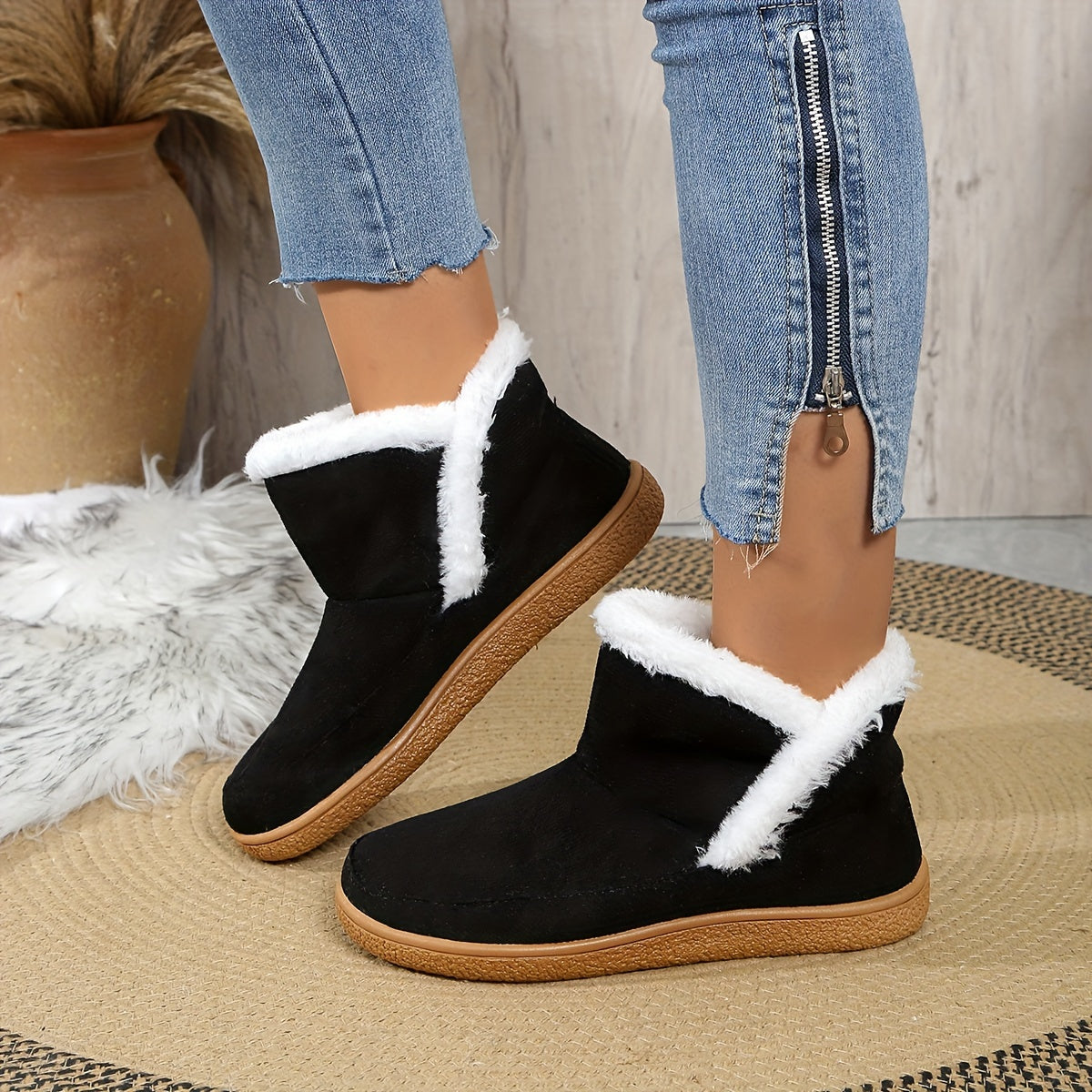 Women's Winter Plush Lined Slip-On Ankle Boots with Rubber Sole