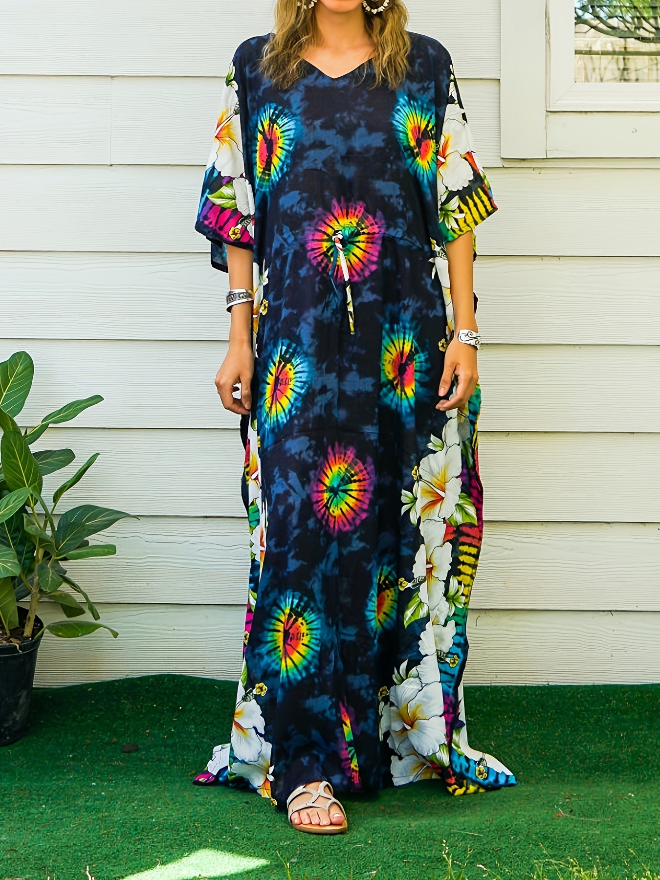 Women's Plus Size V-Neck Floral Print Kaftan Dress with Batwing Sleeves