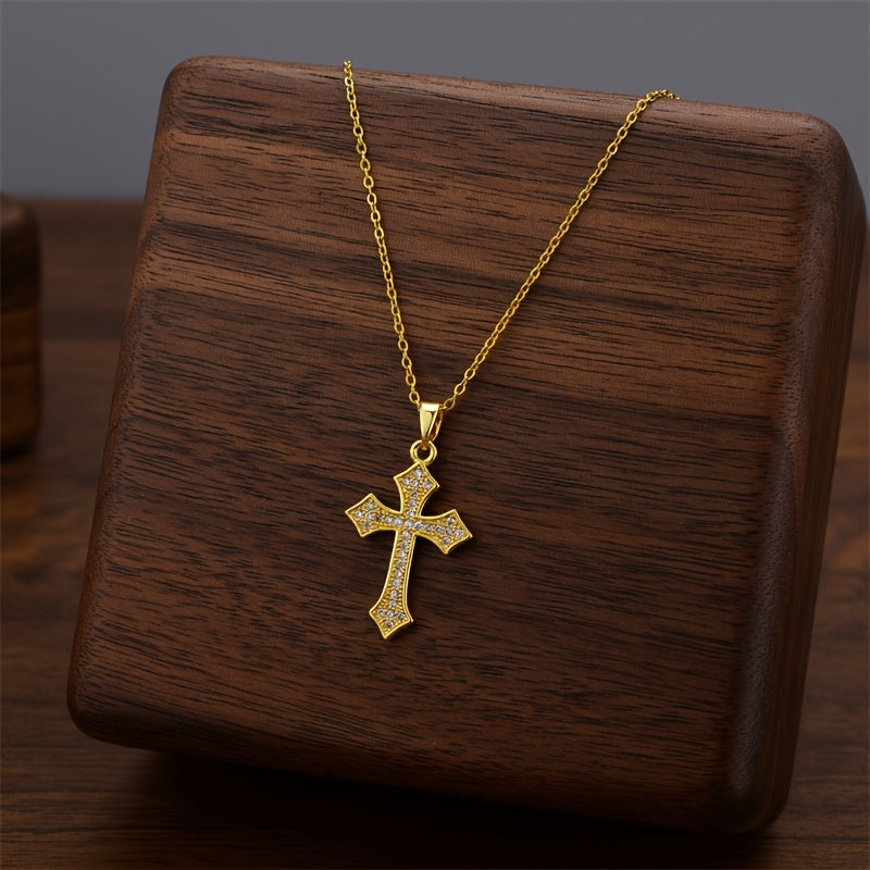Unisex 18K Gold Plated Titanium Steel Cross Pendant Necklace Rhinestones Adjustable Clavicle Chain