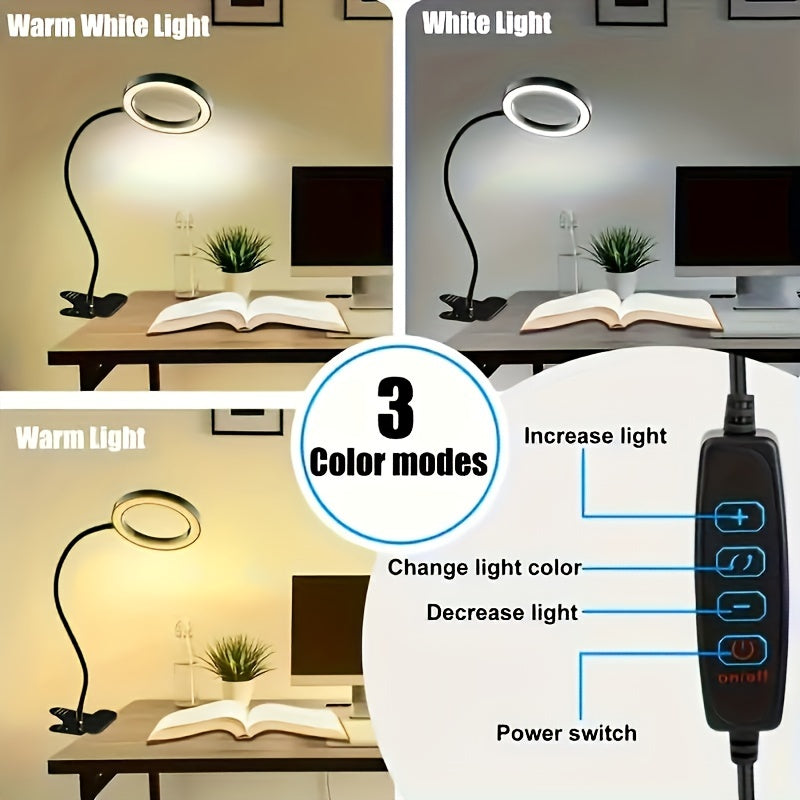 LED Desk Lamp with Eye Protection, Adjustable Brightness, Clip and Magnifying Glass for Reading and Beauty Tasks
