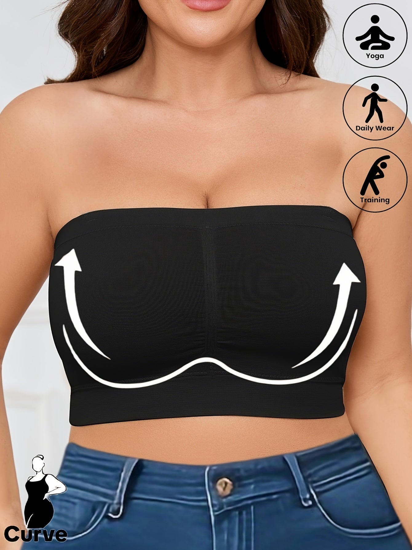 Women's Seamless Plus Size Black Strapless Sports Bra for Yoga Fitness