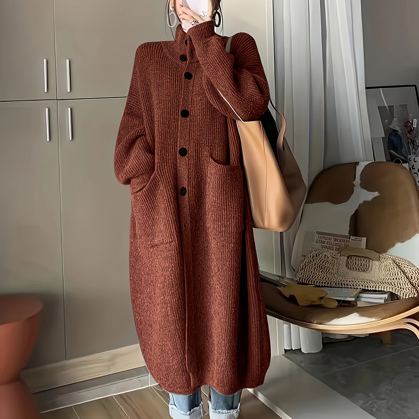 Plus Size Gray Knit Cardigan for Women Casual Fall Winter Long Sleeve Pockets Stand Collar