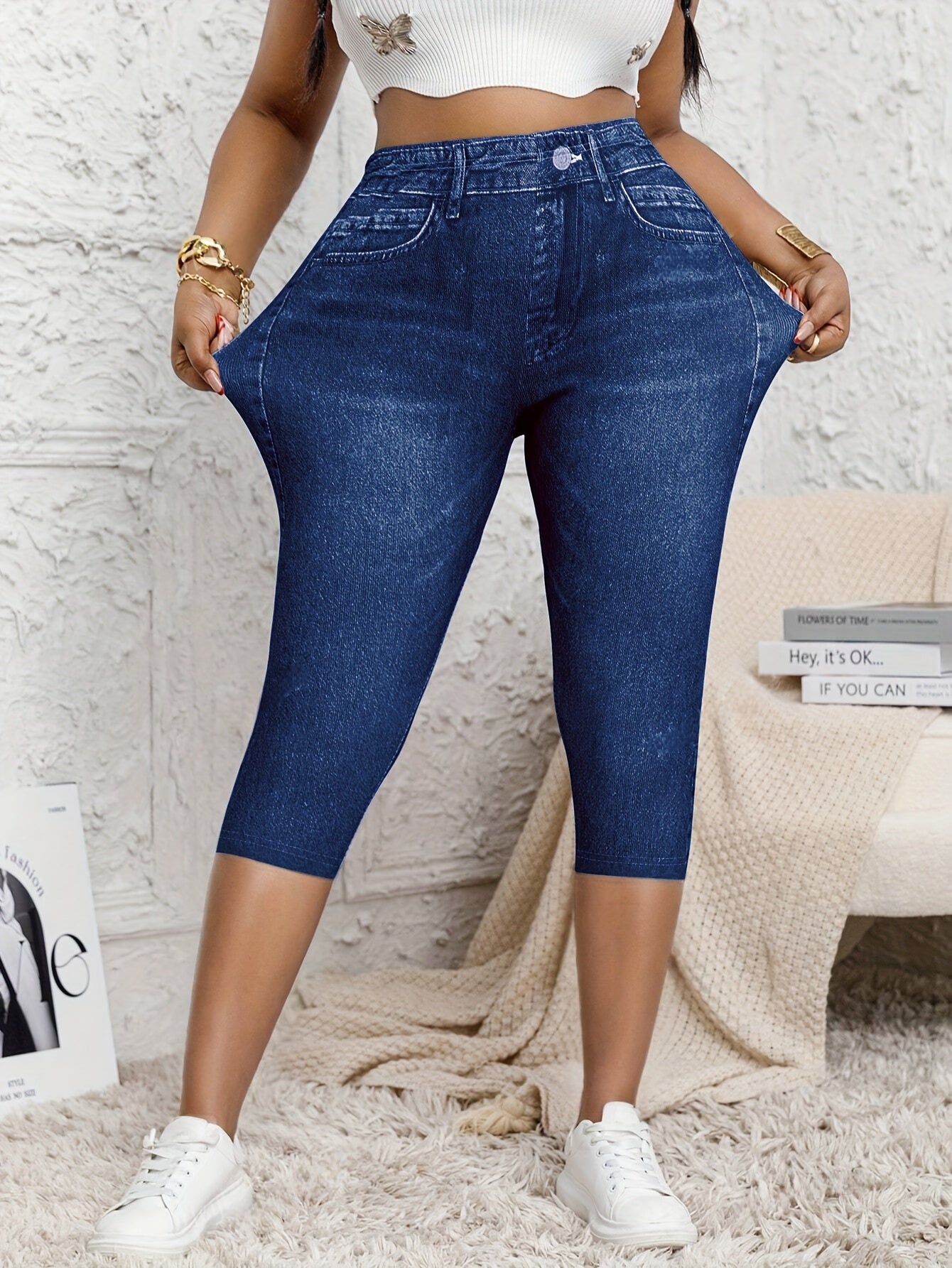 Women's Plus Size Stretch Denim Capri Pants Imitation Denim Elastic Waist